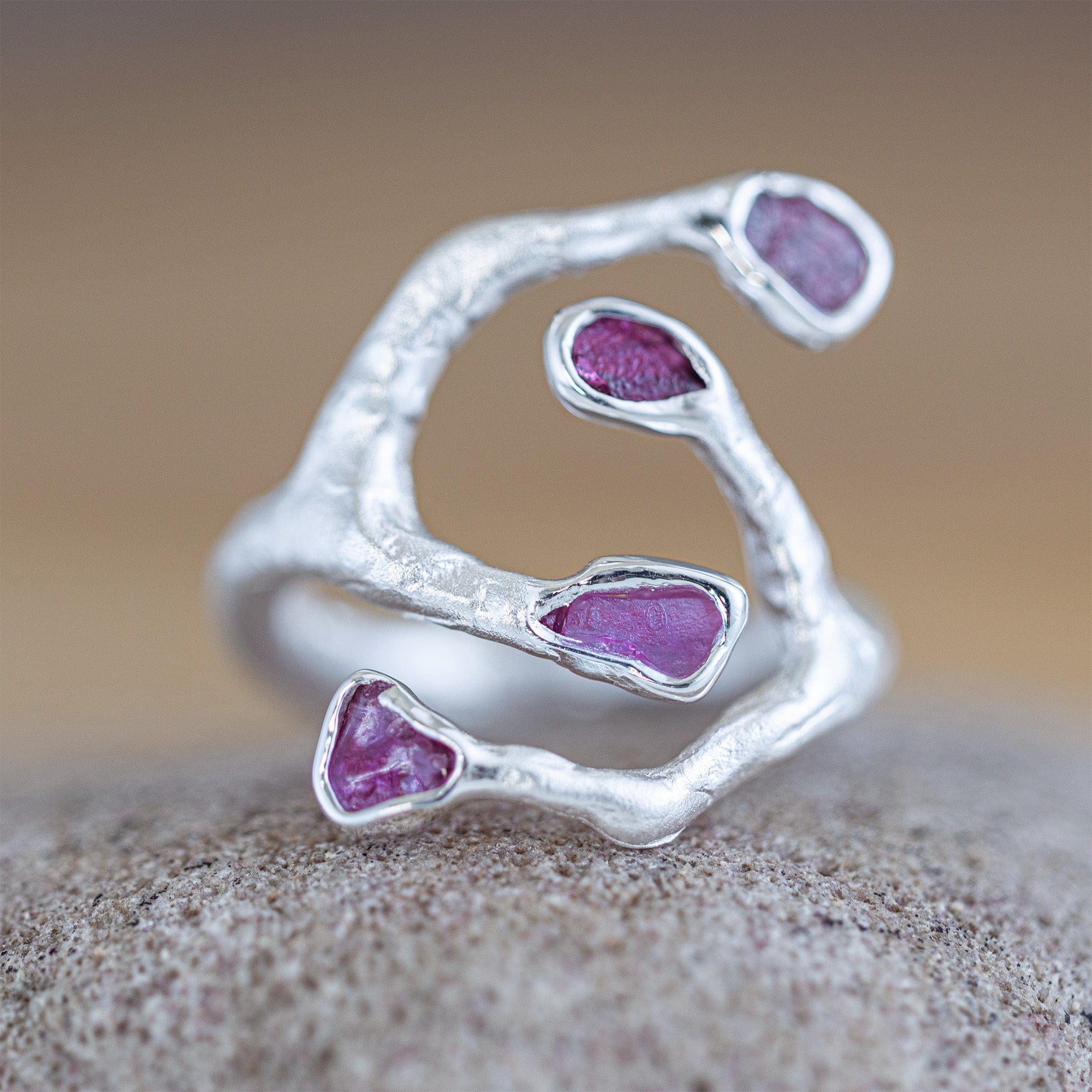 Corvina Open Band Sterling Silver Ring with Natural Raw Ruby