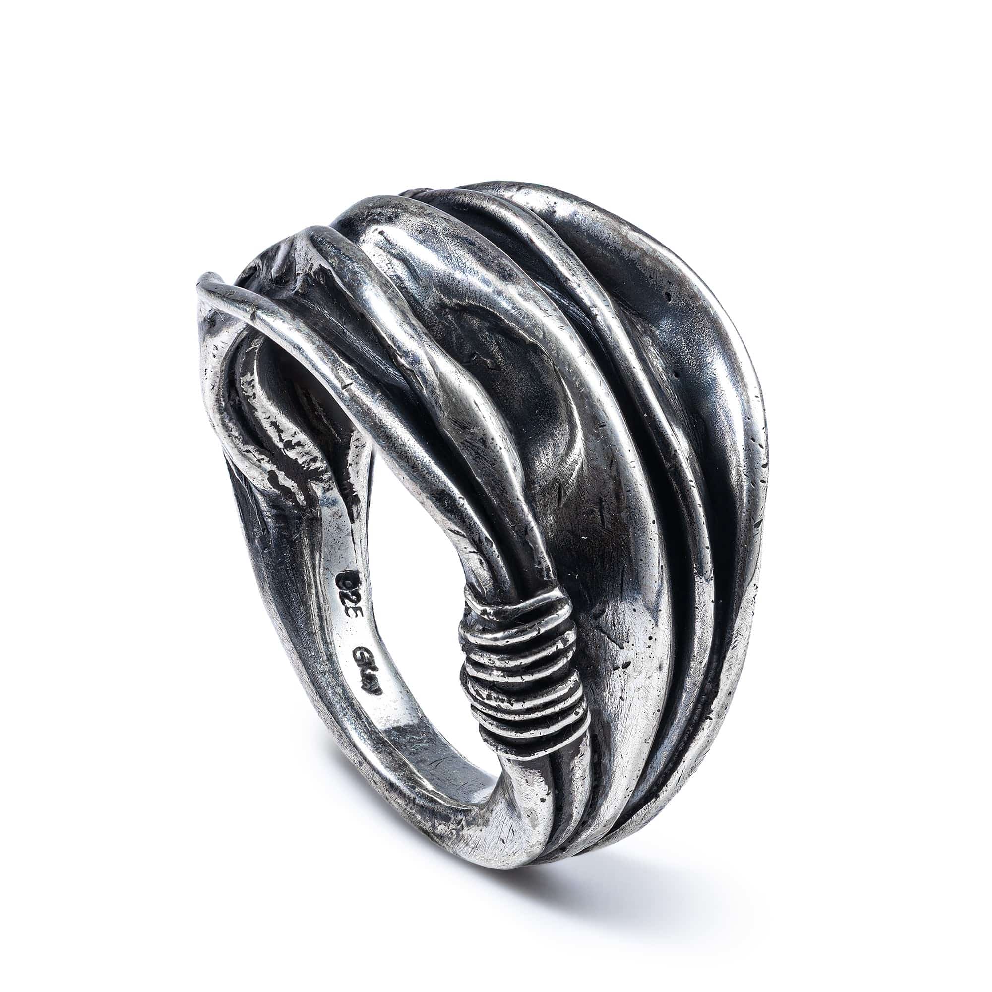 Fernlace Oxidized Silver Ring with Organic Fabric-Inspired Folds