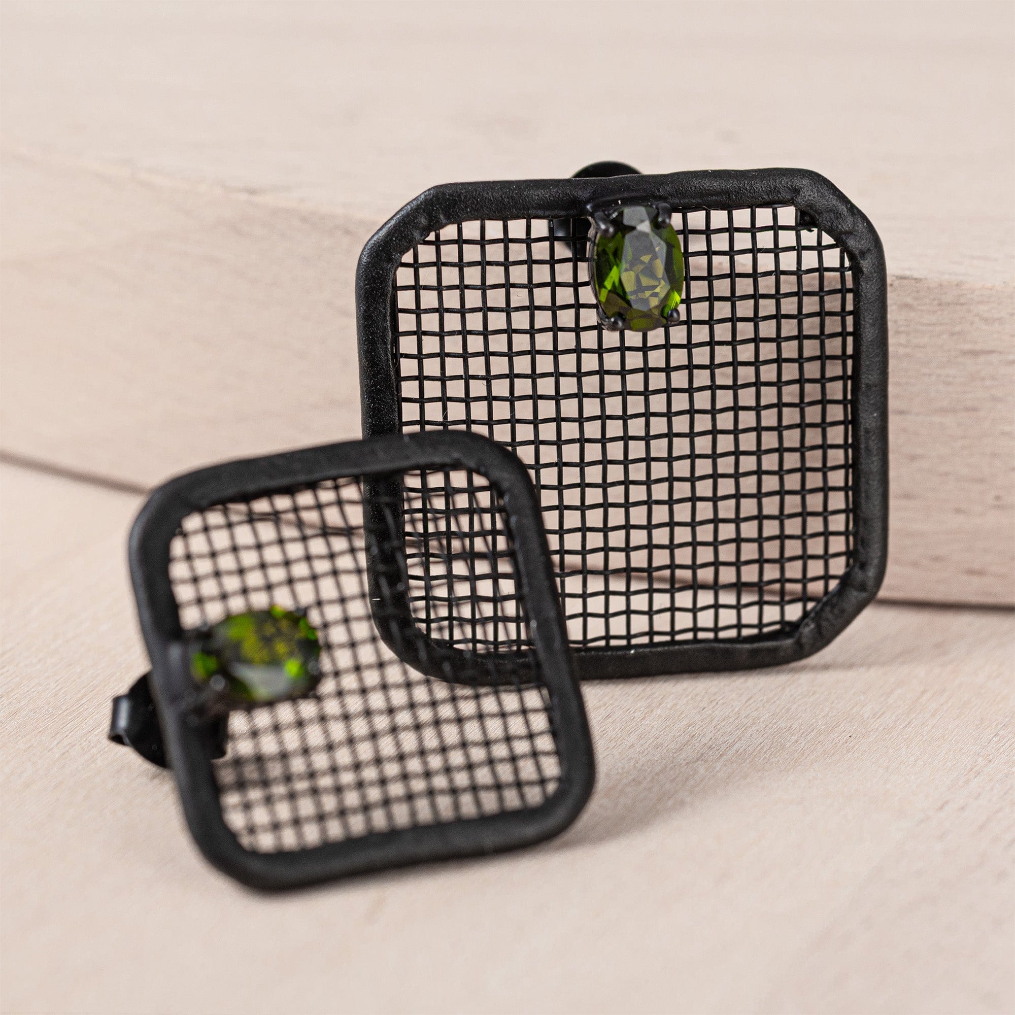 Kyros Asymmetric 925 Silver & Titanium Mesh Earrings with Chrome Diopside
