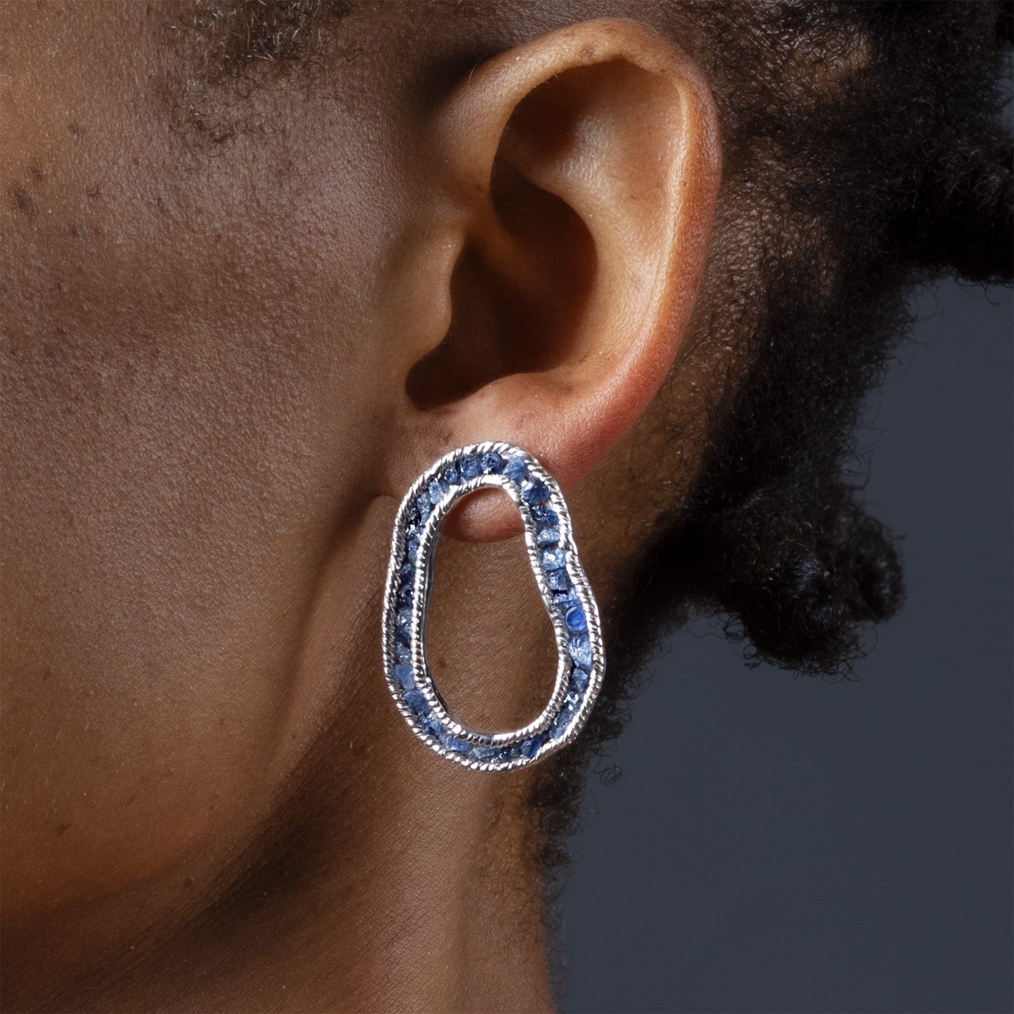 Arven Anti-Tarnish Plated Silver Designer Earrings with Raw Blue Sapphire