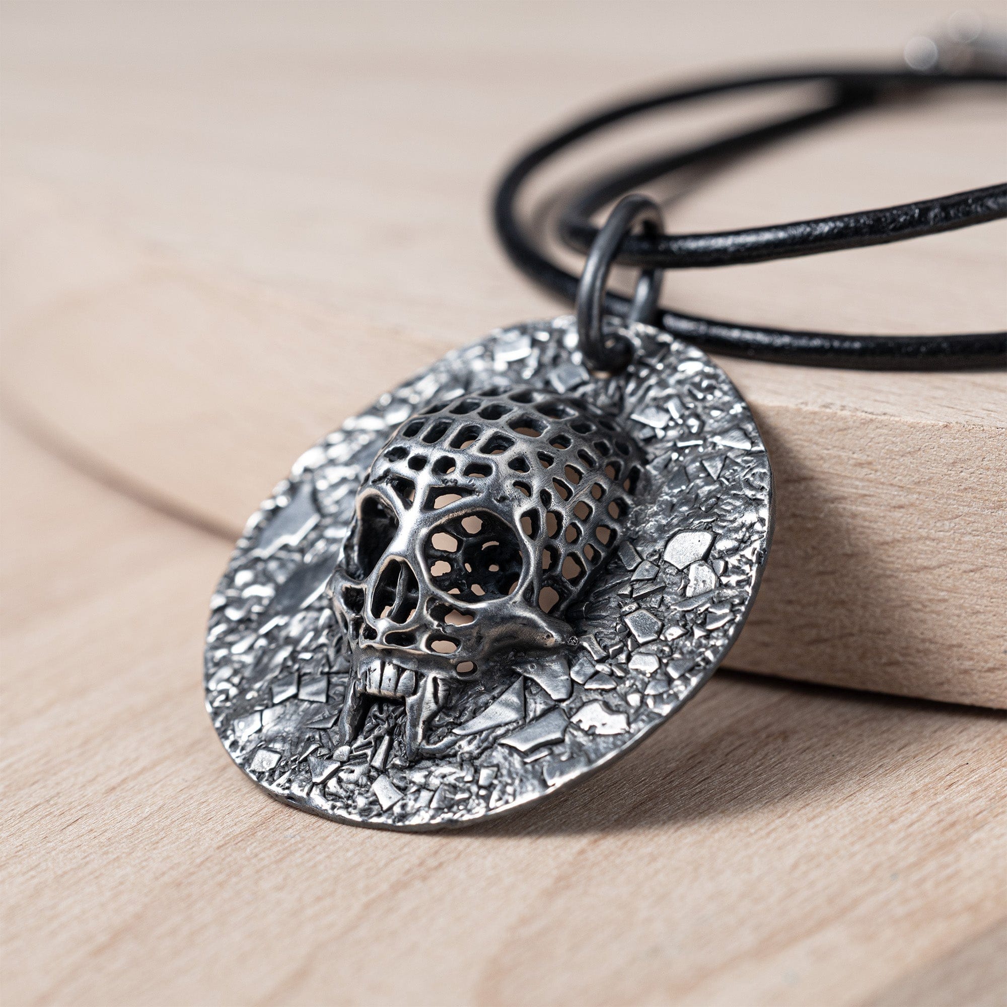 Necrosis Gothic Silver Skull Amulet with Rough, Weathered Detail