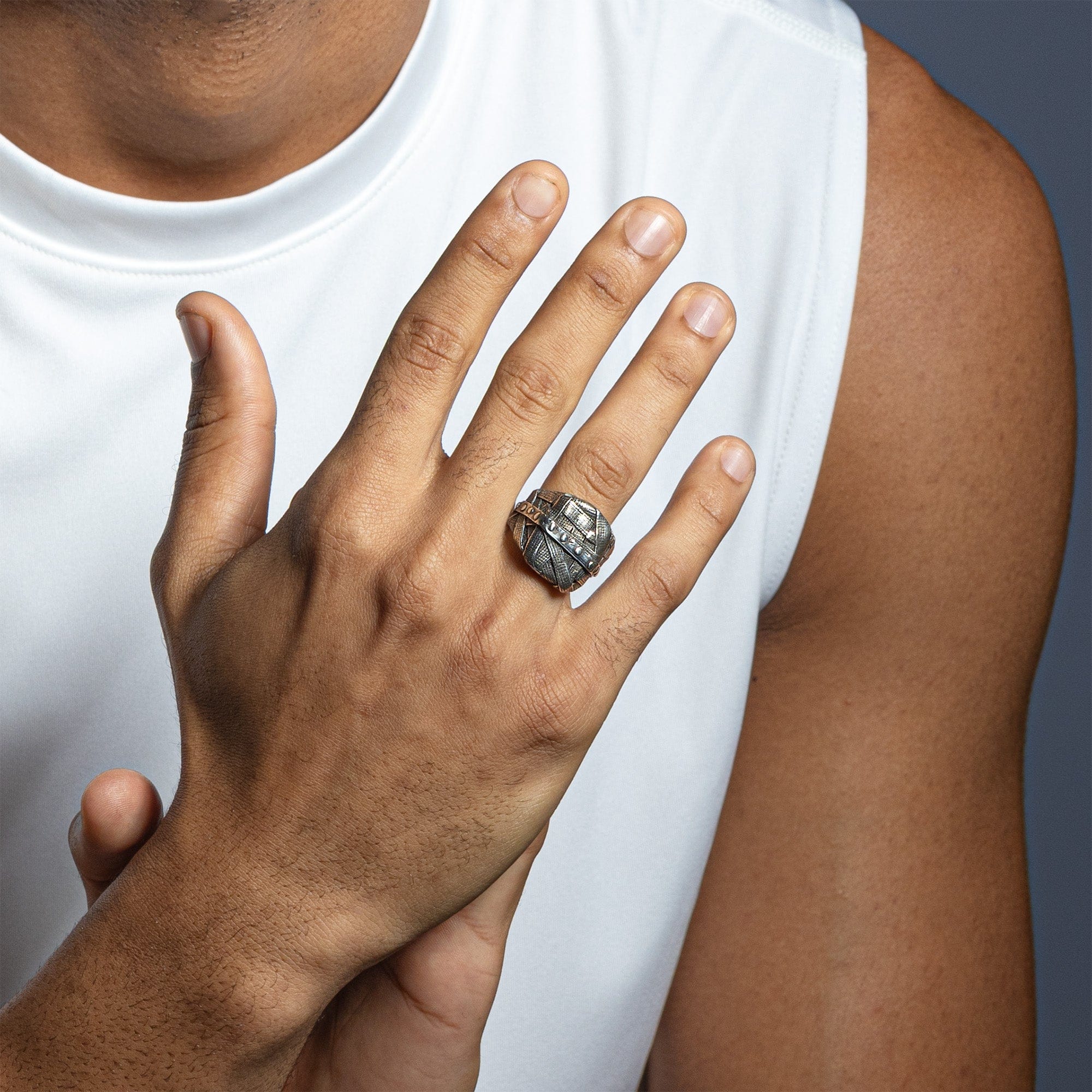 Gridlock Oxidized Silver Ring with Layered Wrapped Metal Look