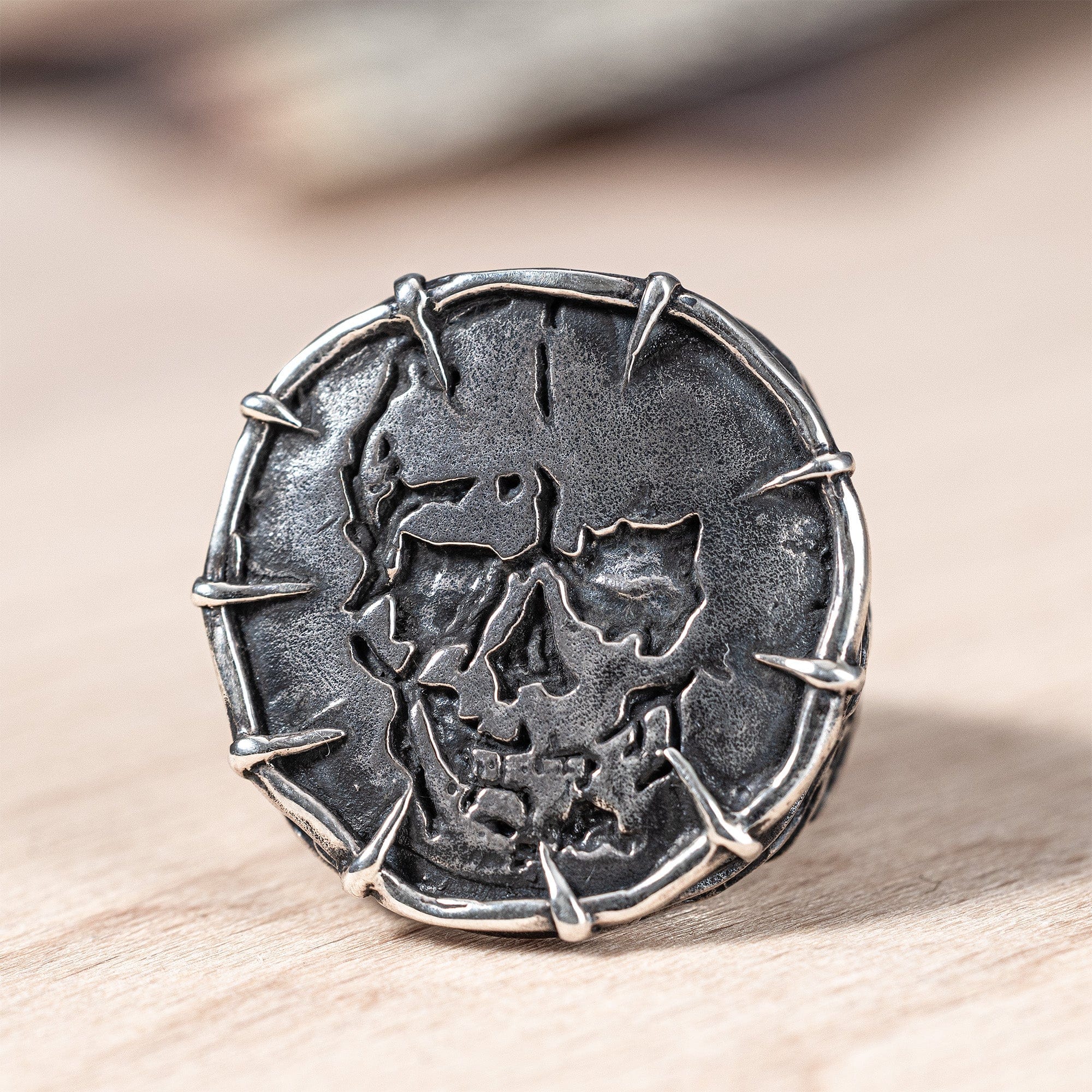 Noctis Handcrafted Silver Ring with Stamped Skull Design