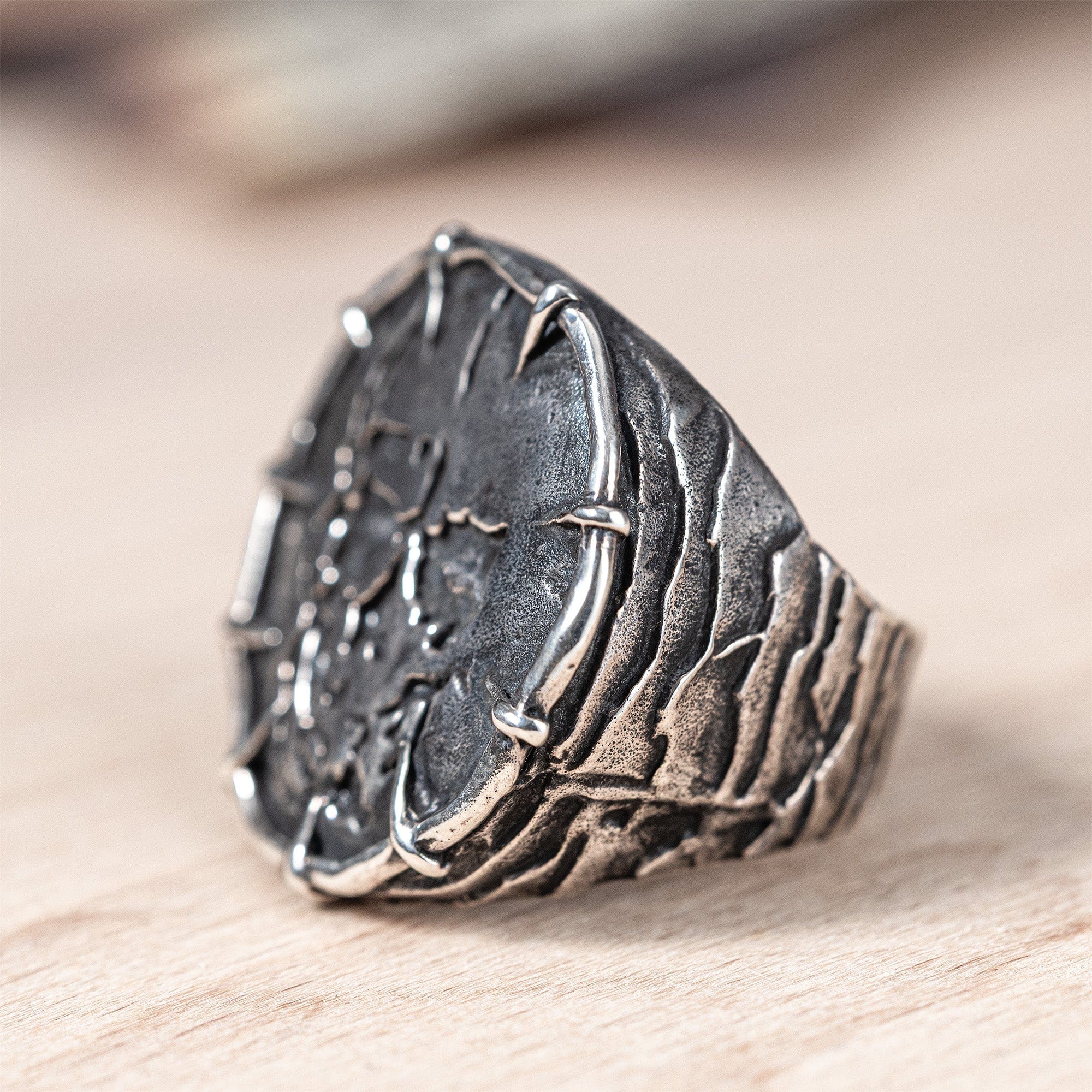 Noctis Handcrafted Silver Ring with Stamped Skull Design