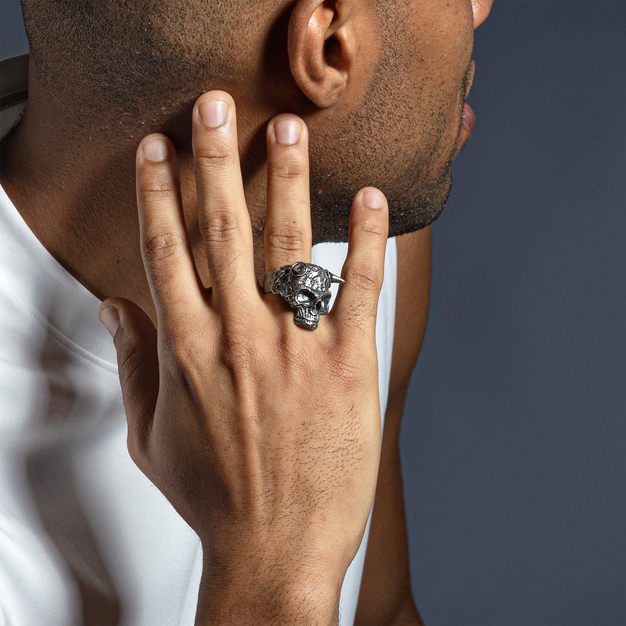 Ossicle Dark Sterling Silver Band with a Fierce Skull Design