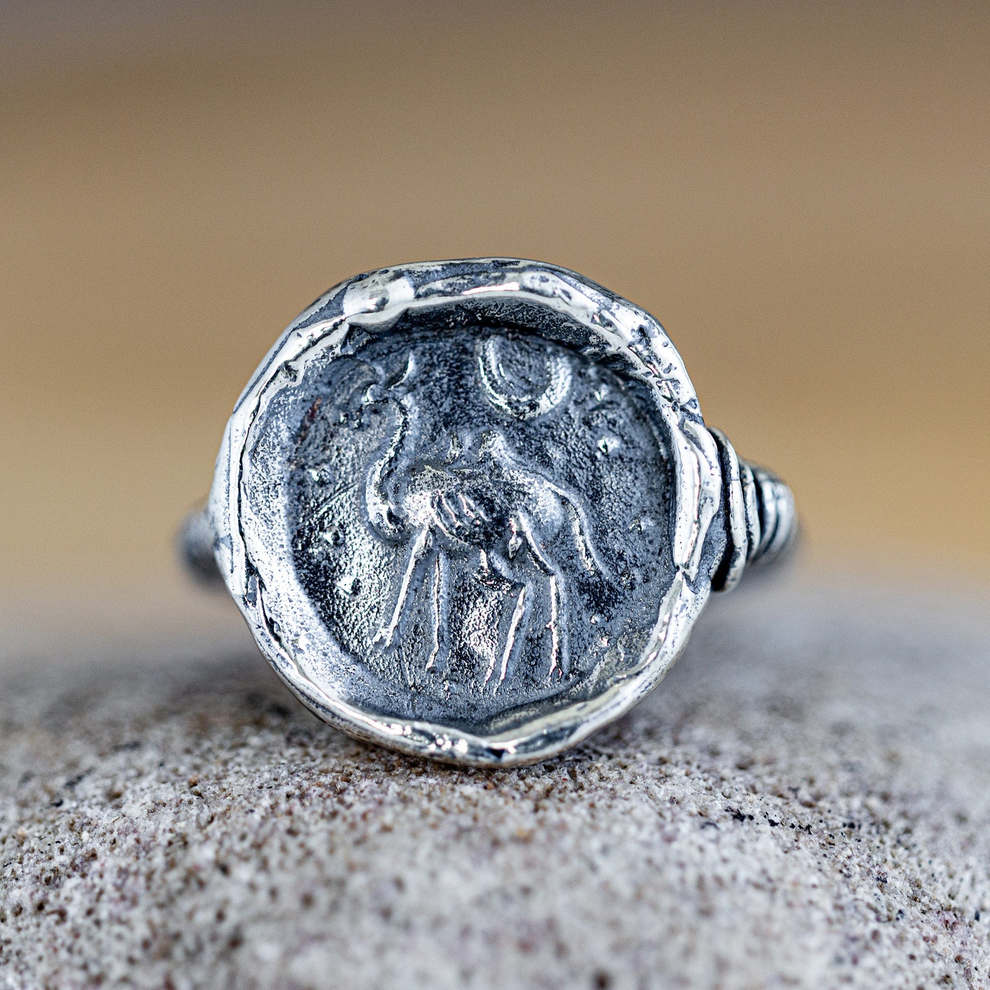 Oxidized 925 Silver Ring with Ancient Bactrian Camel Seal Engraving