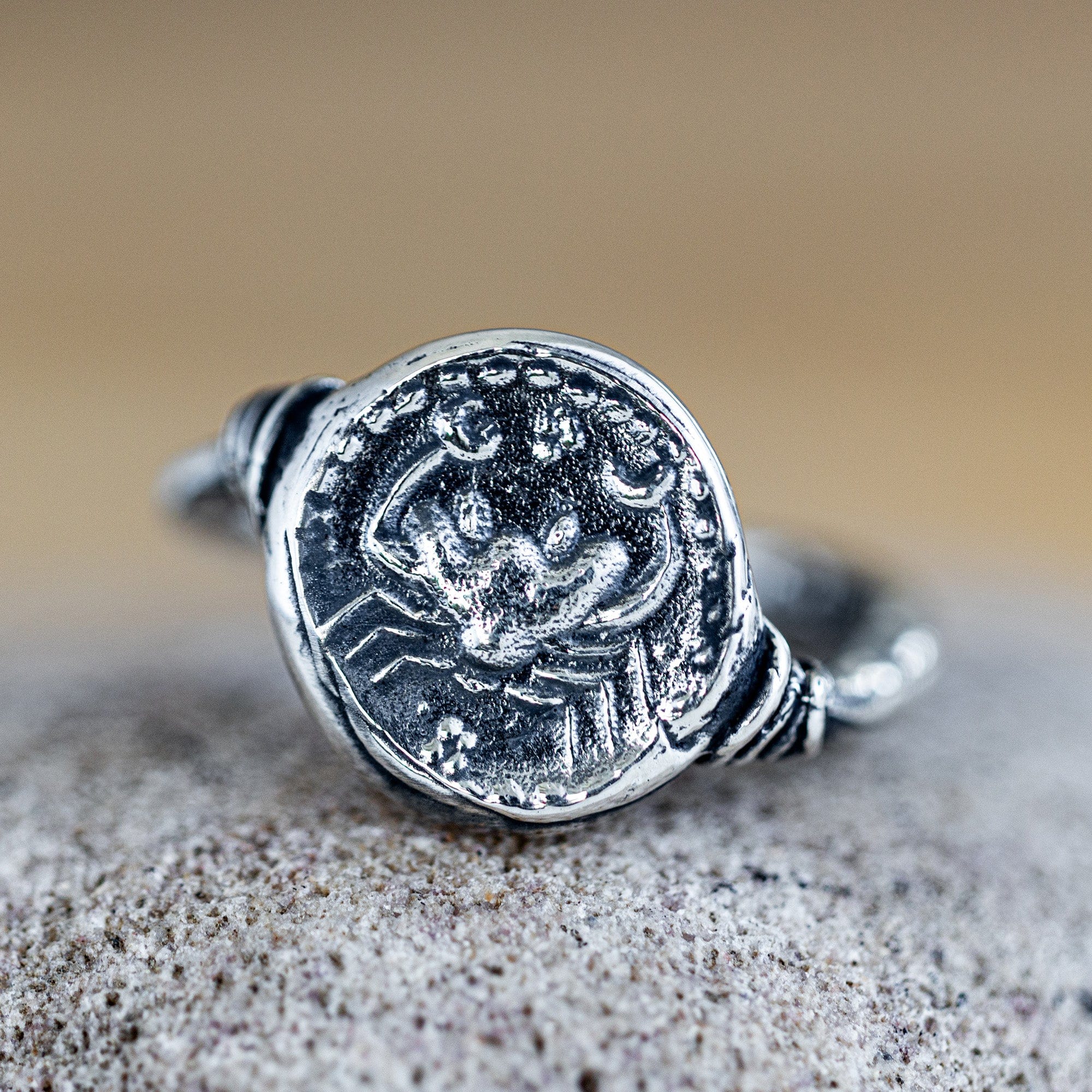 Oxidized 925 Silver Ring with Ancient Crab Seal Engraving