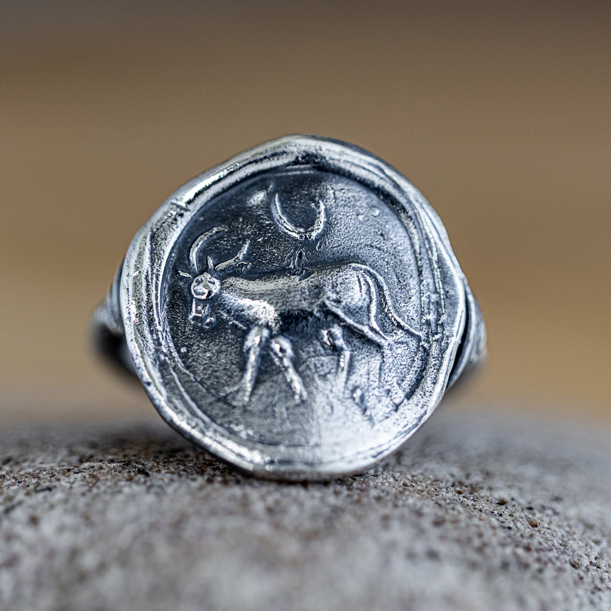 Oxidized 925 Silver Ring with Ancient Ox Seal Engraving