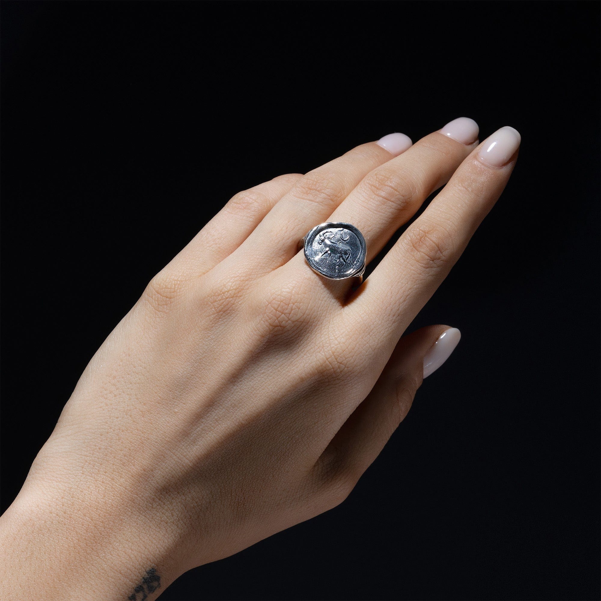 Oxidized 925 Silver Ring with Ancient Ox Seal Engraving