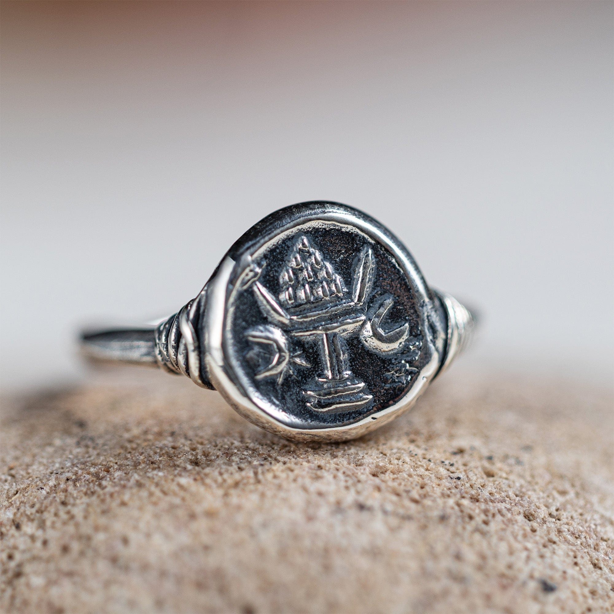 Oxidized 925 Silver Ring with Ancient Seal of Abundance Engraving