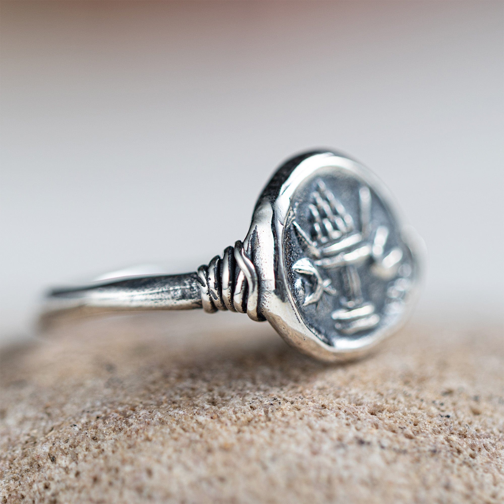 Oxidized 925 Silver Ring with Ancient Seal of Abundance Engraving