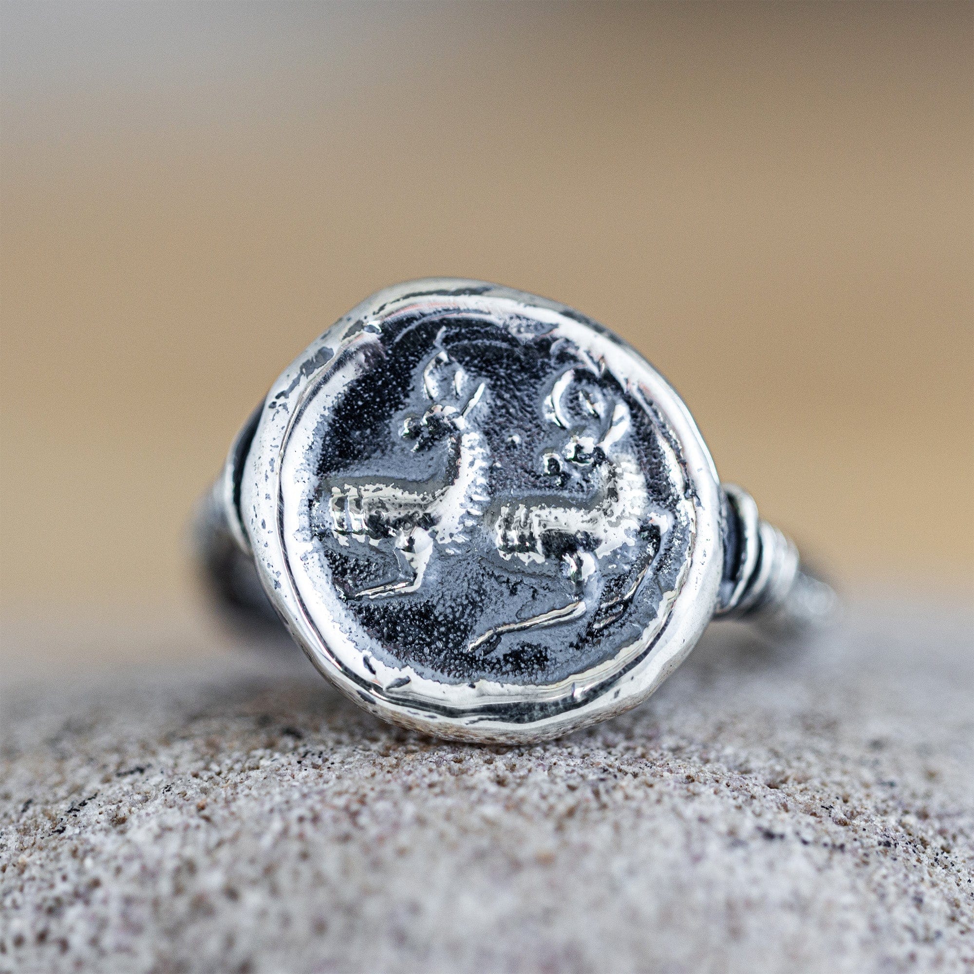 Oxidized 925 Silver Ring with Ancient Two Guardians Seal Engraving