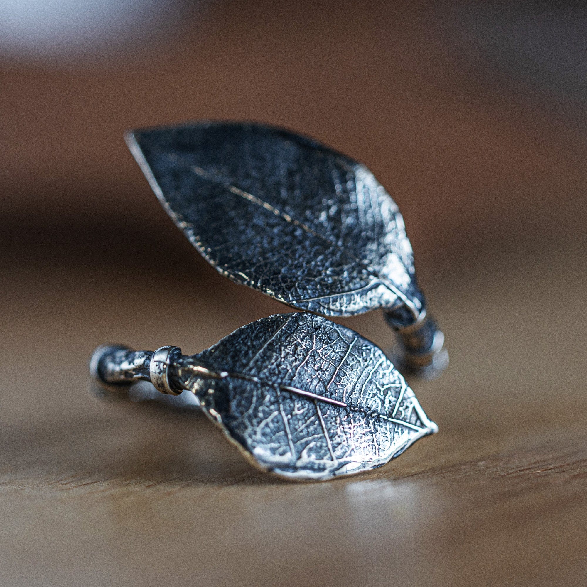 Petiole Oxidized Sterling Silver Ring with Dual Leaf Design