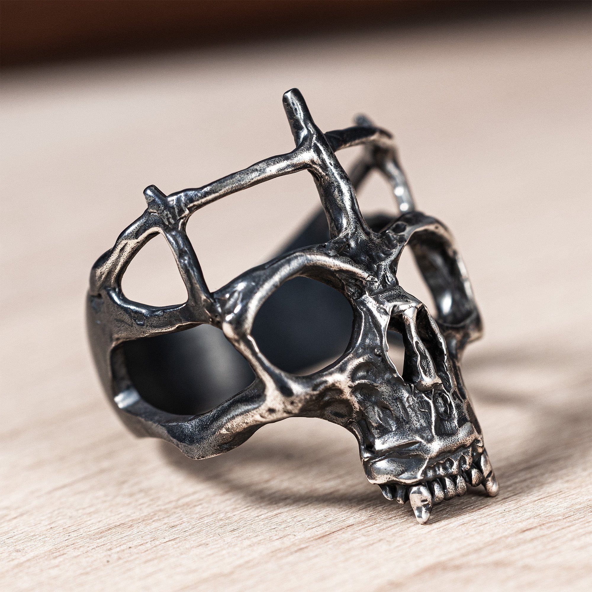 Skarn Sterling Silver Skull Ring with Raw, Vented Metal Look