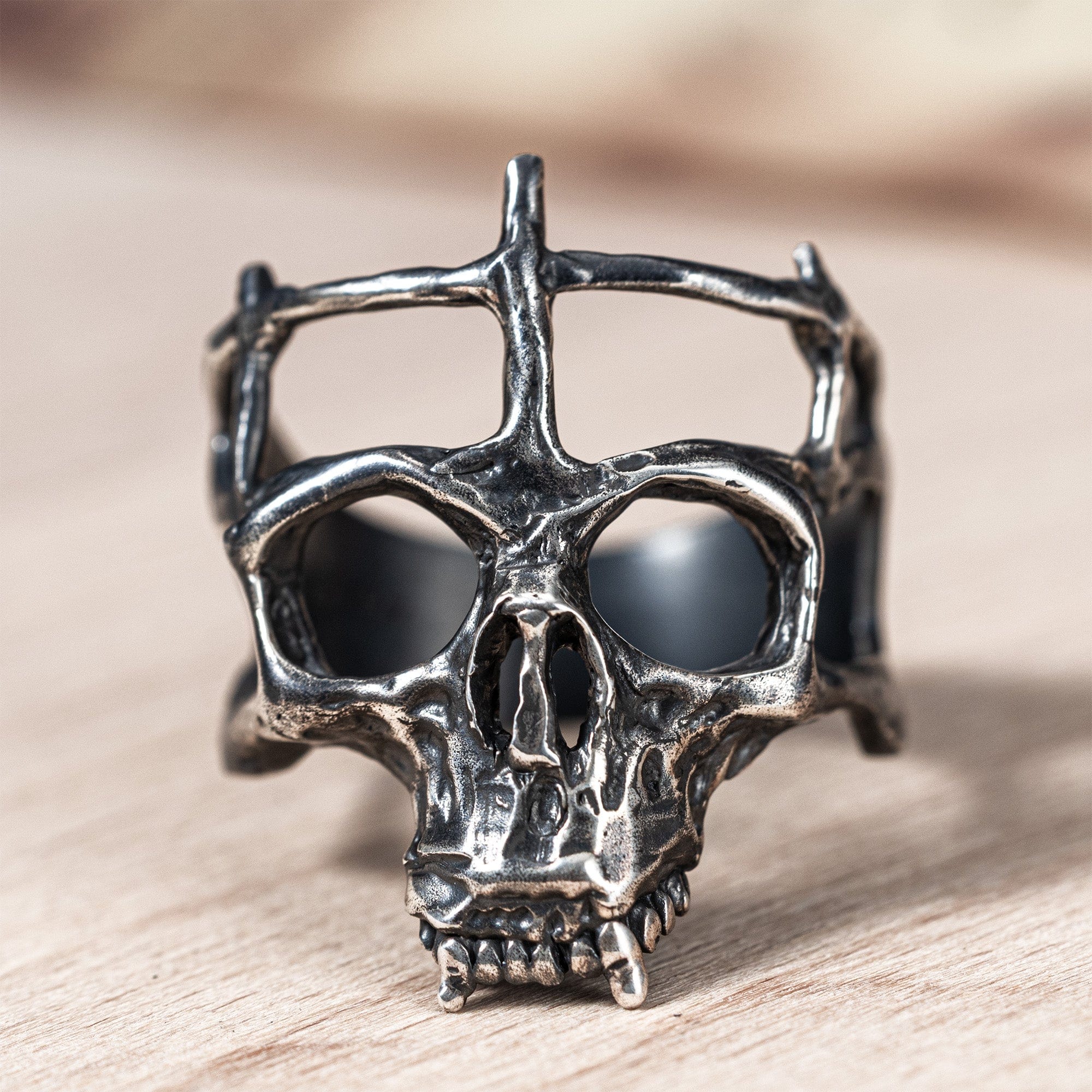 Skarn Sterling Silver Skull Ring with Raw, Vented Metal Look