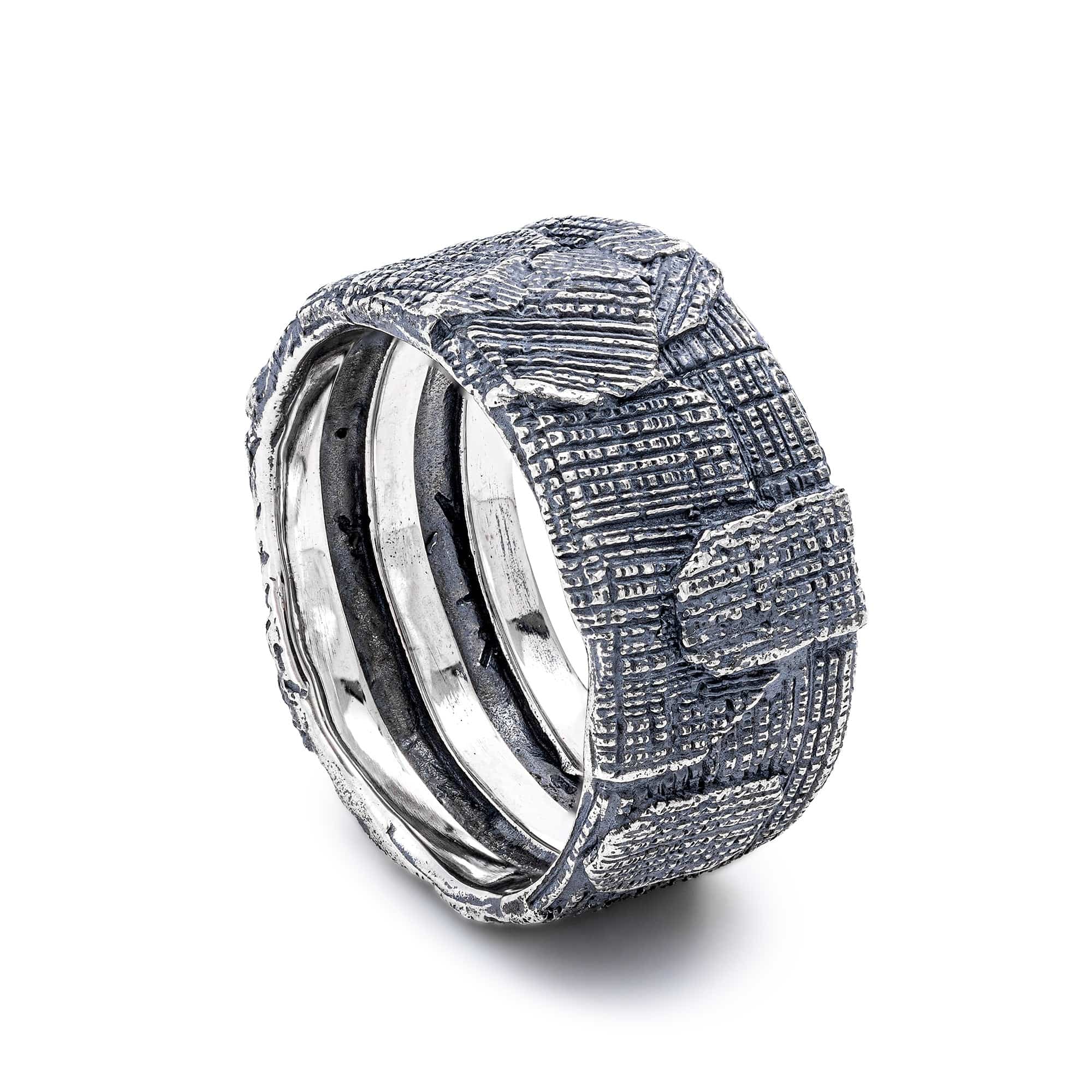 Stitch Handmade Silver Band with Layered Patch-Like Texture