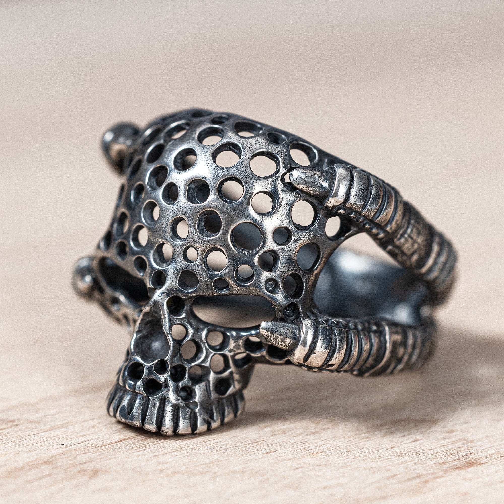 Temporal Brutalist Oxidized Silver Skull Ring