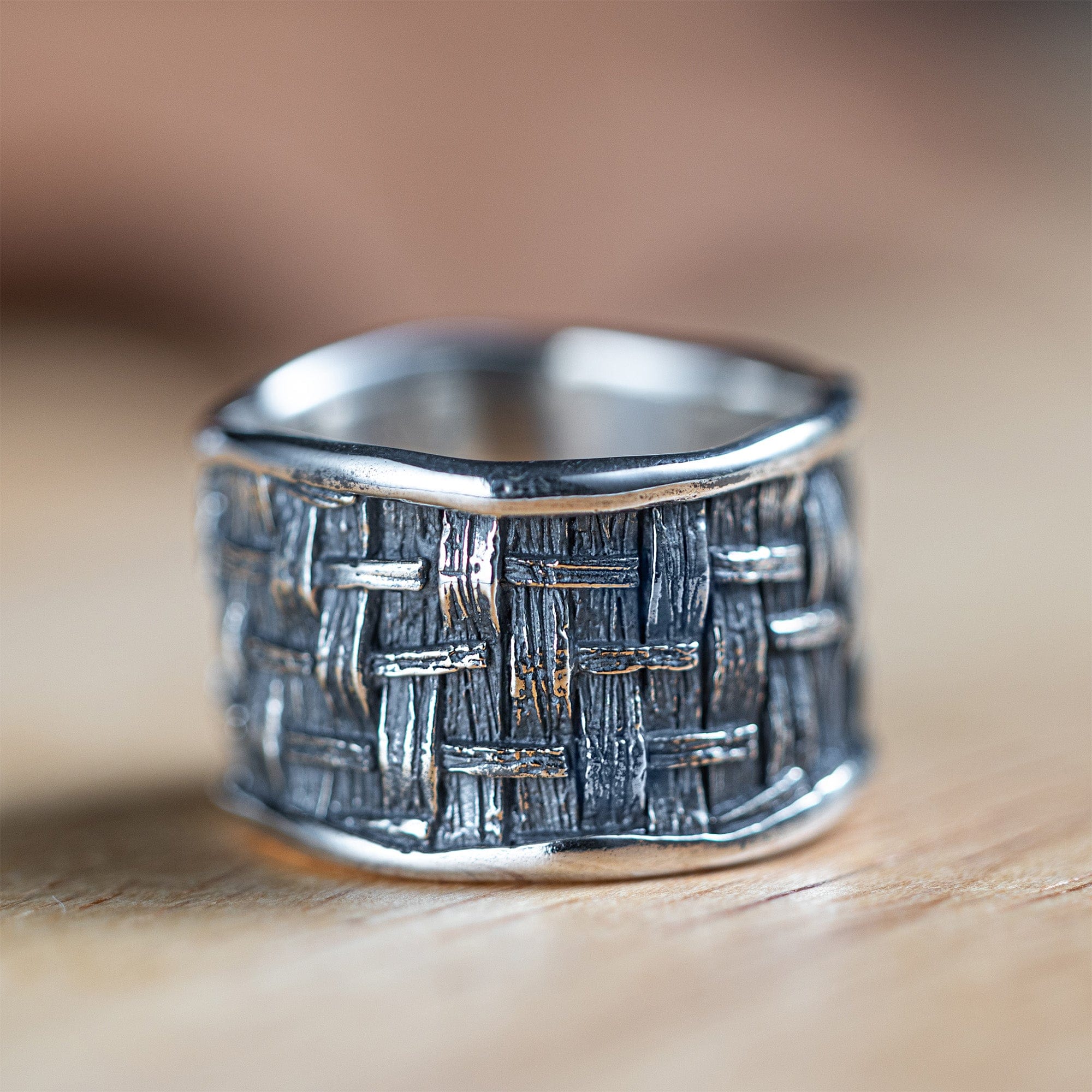 Tesserae Oxidized Sterling Silver Ring with Handcrafted Texture
