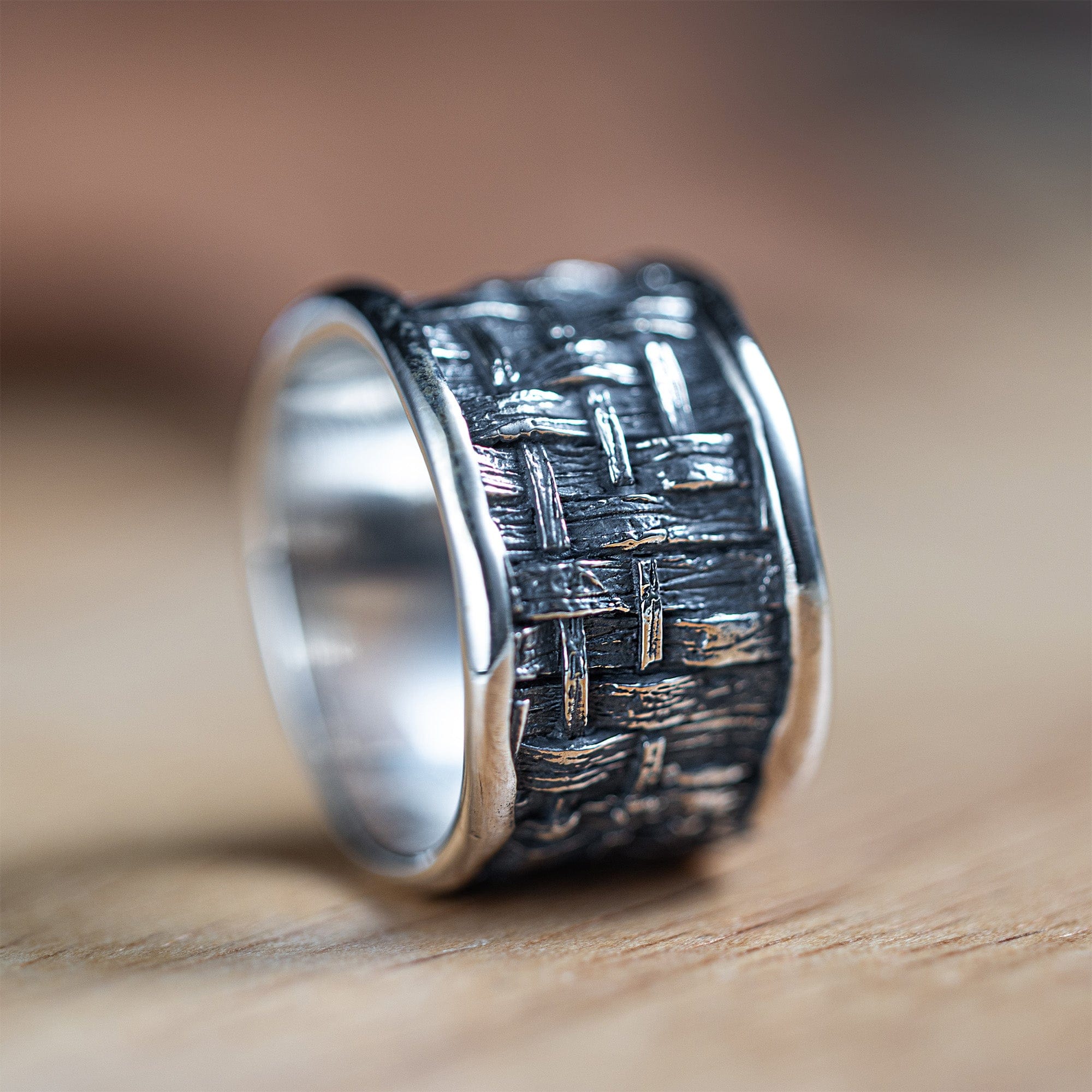 Tesserae Oxidized Sterling Silver Ring with Handcrafted Texture