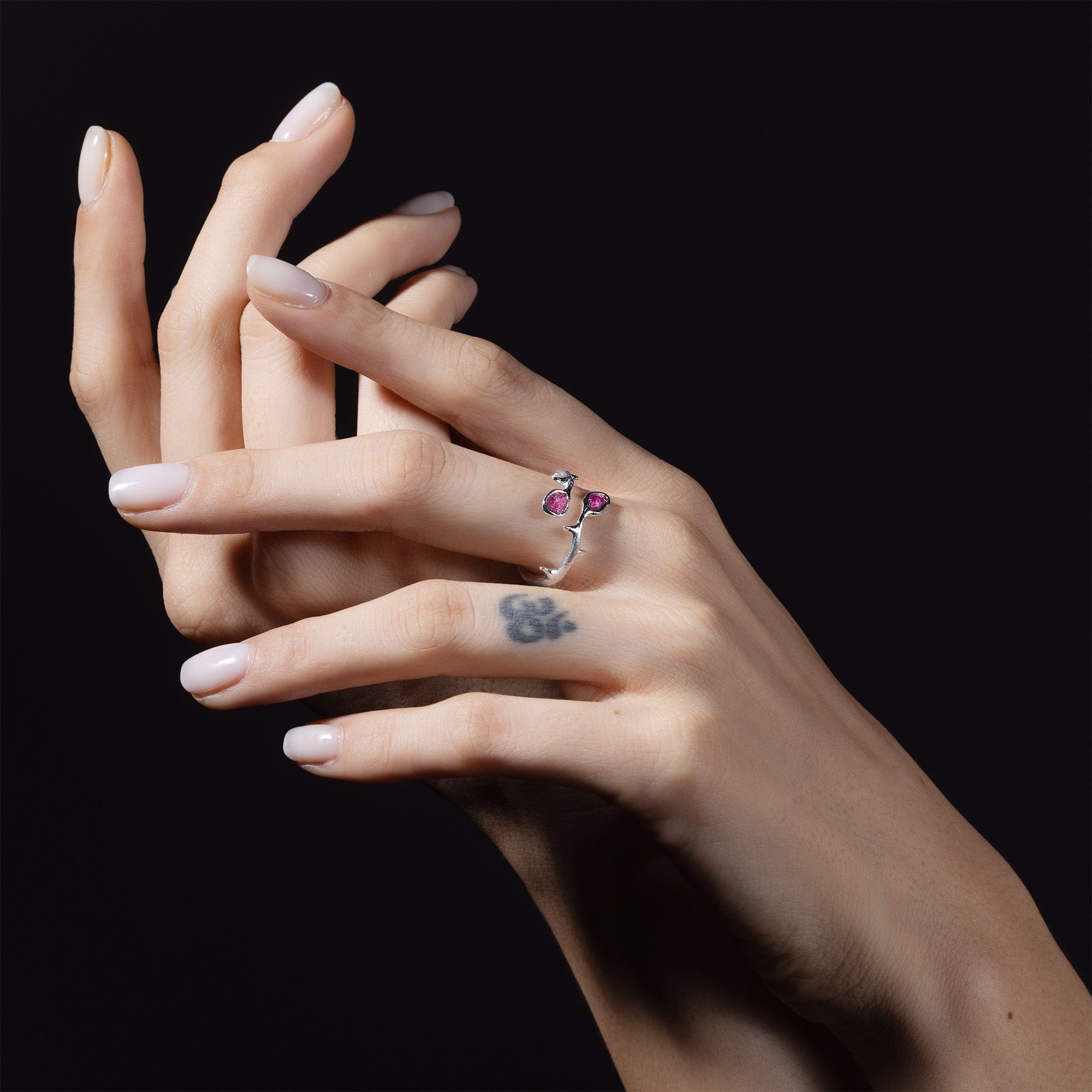 Barbera Thorn-Inspired Open Band Sterling Silver Ring with Natural Raw Ruby