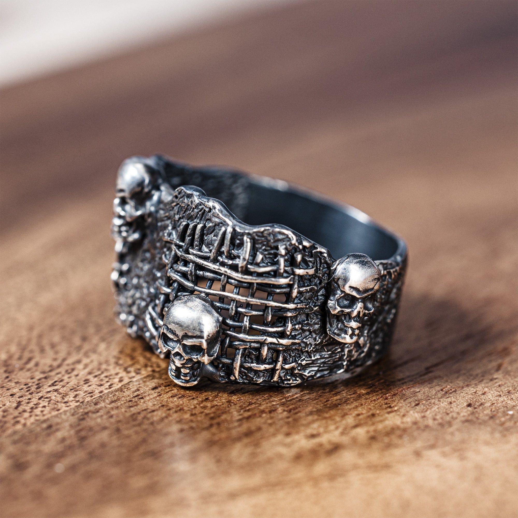 Basilisk Oxidized 925 Silver Ring with Miniature Skull Detailing