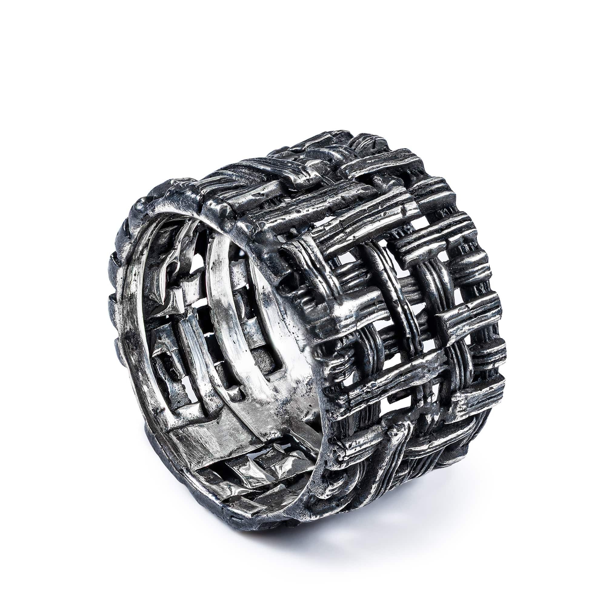 Brux Oxidized Silver Ring with Interwoven Metalwork