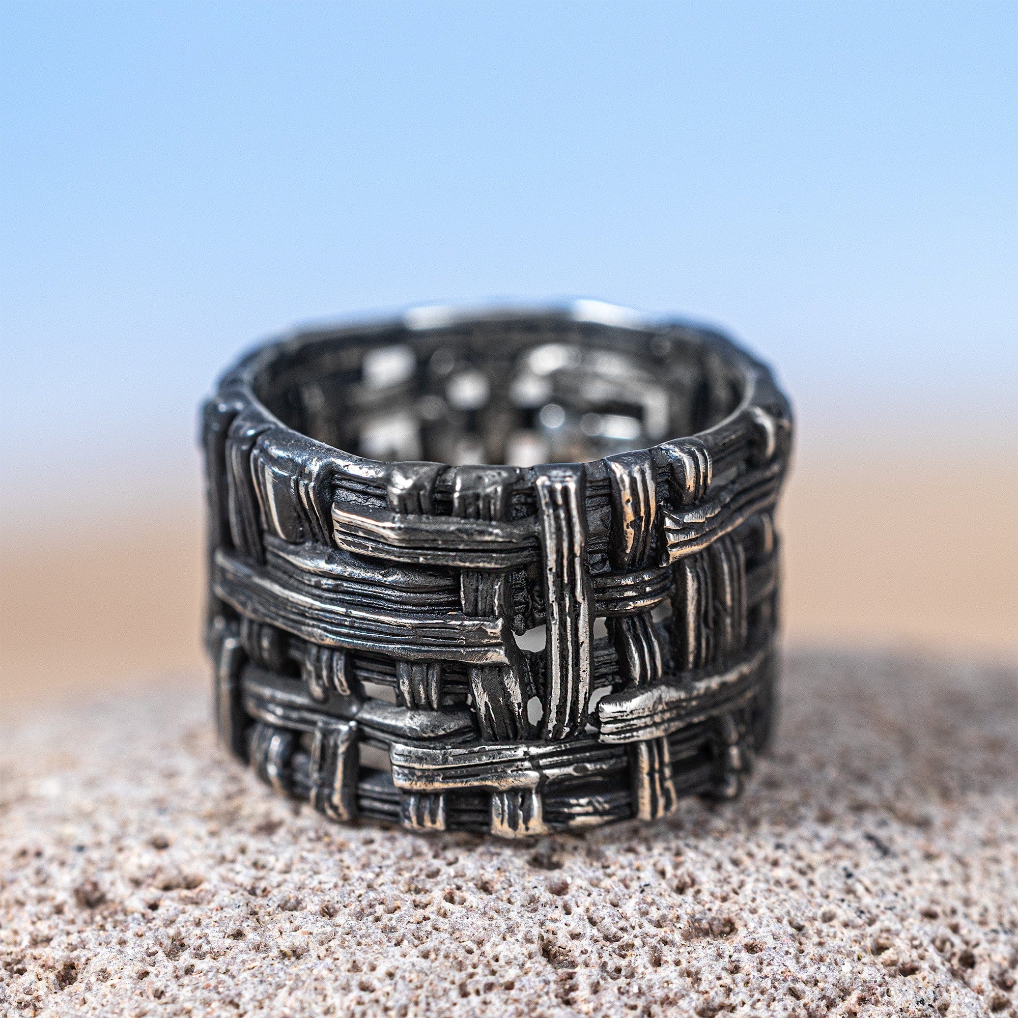 Brux Oxidized Silver Ring with Interwoven Metalwork
