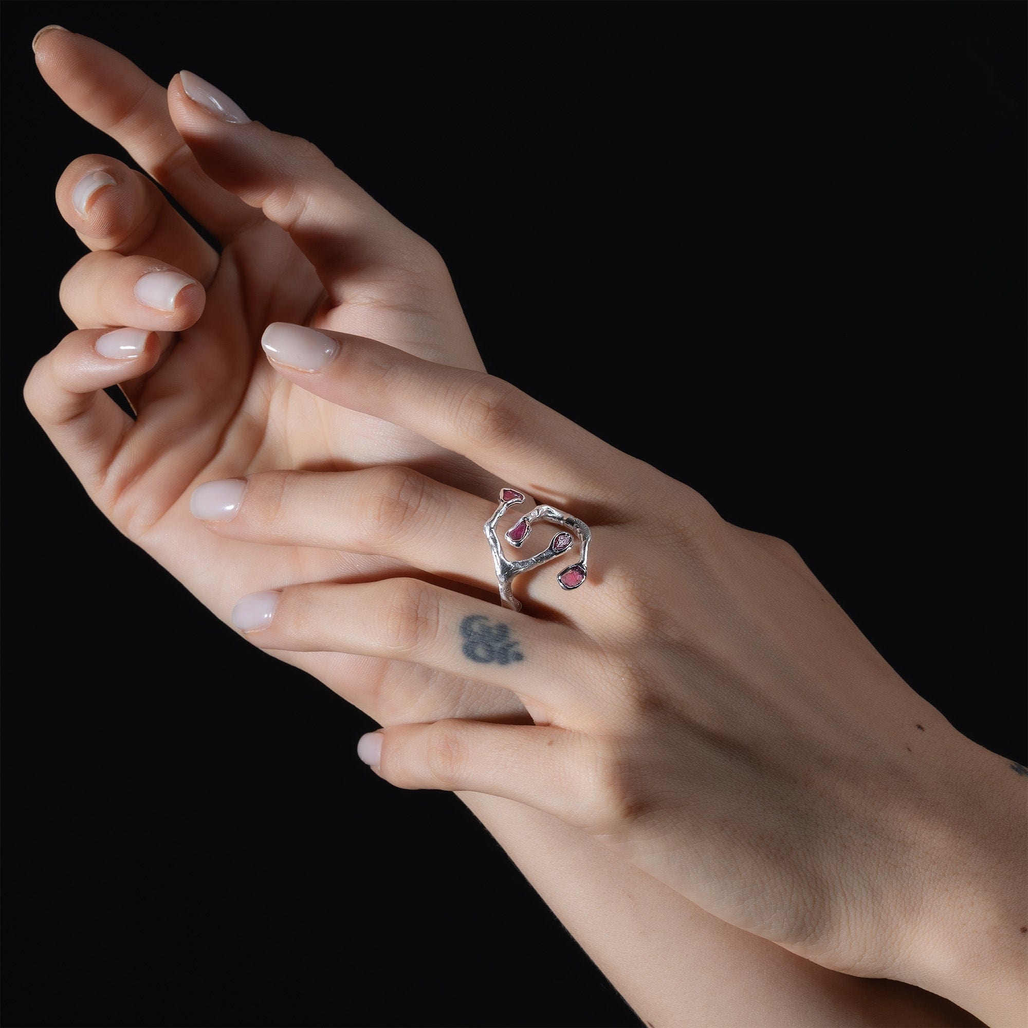 Corvina Open Band Sterling Silver Ring with Natural Raw Ruby