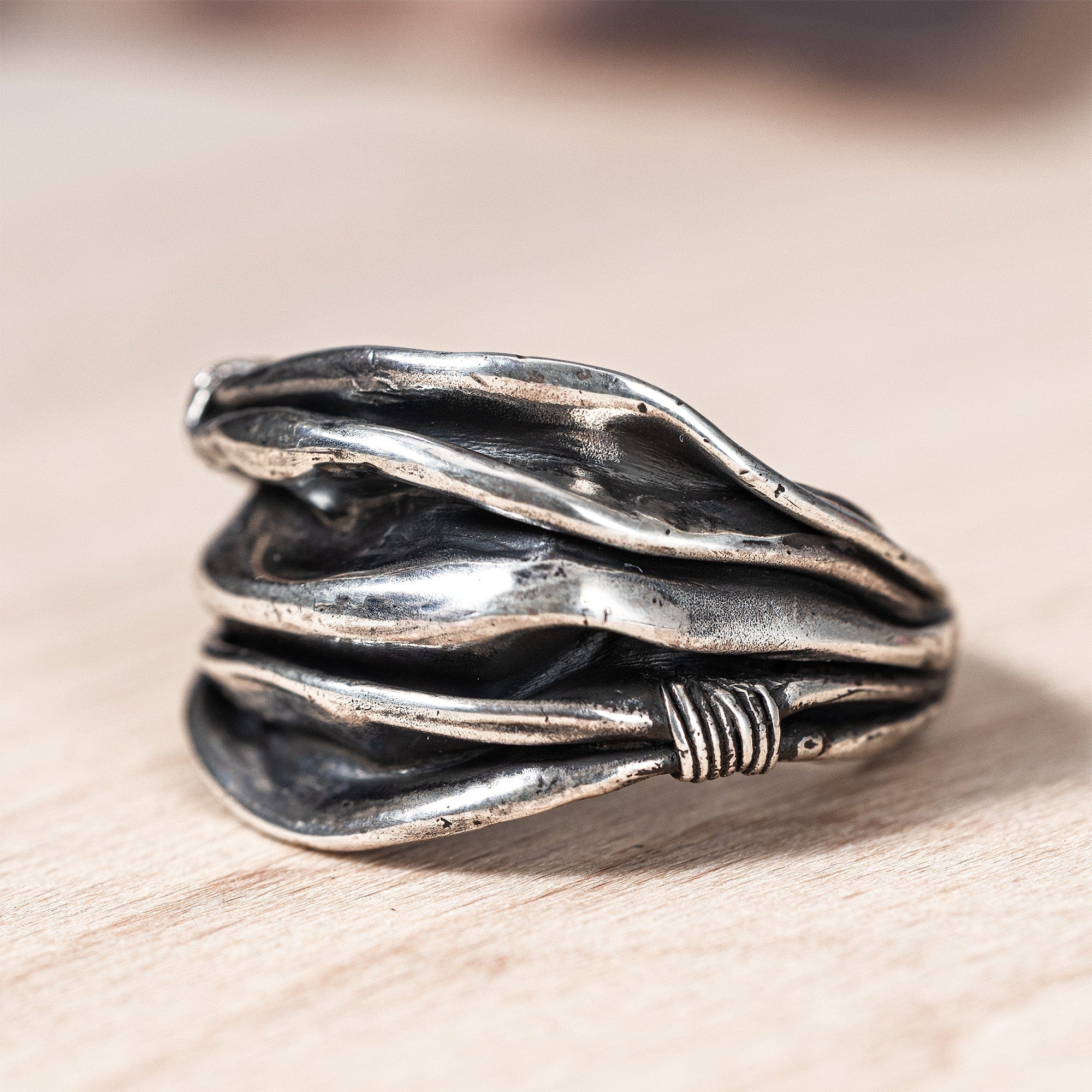 Fernlace Oxidized Silver Ring with Organic Fabric-Inspired Folds