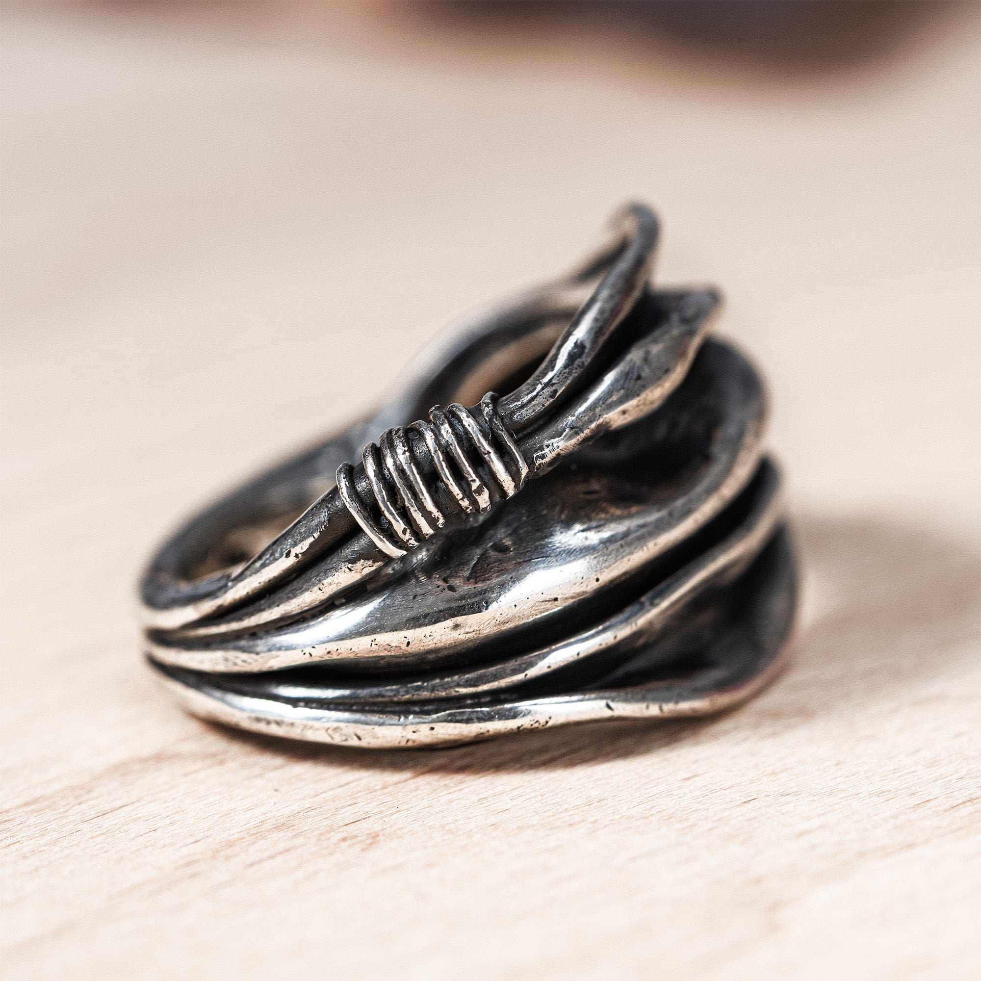 Fernlace Oxidized Silver Ring with Organic Fabric-Inspired Folds