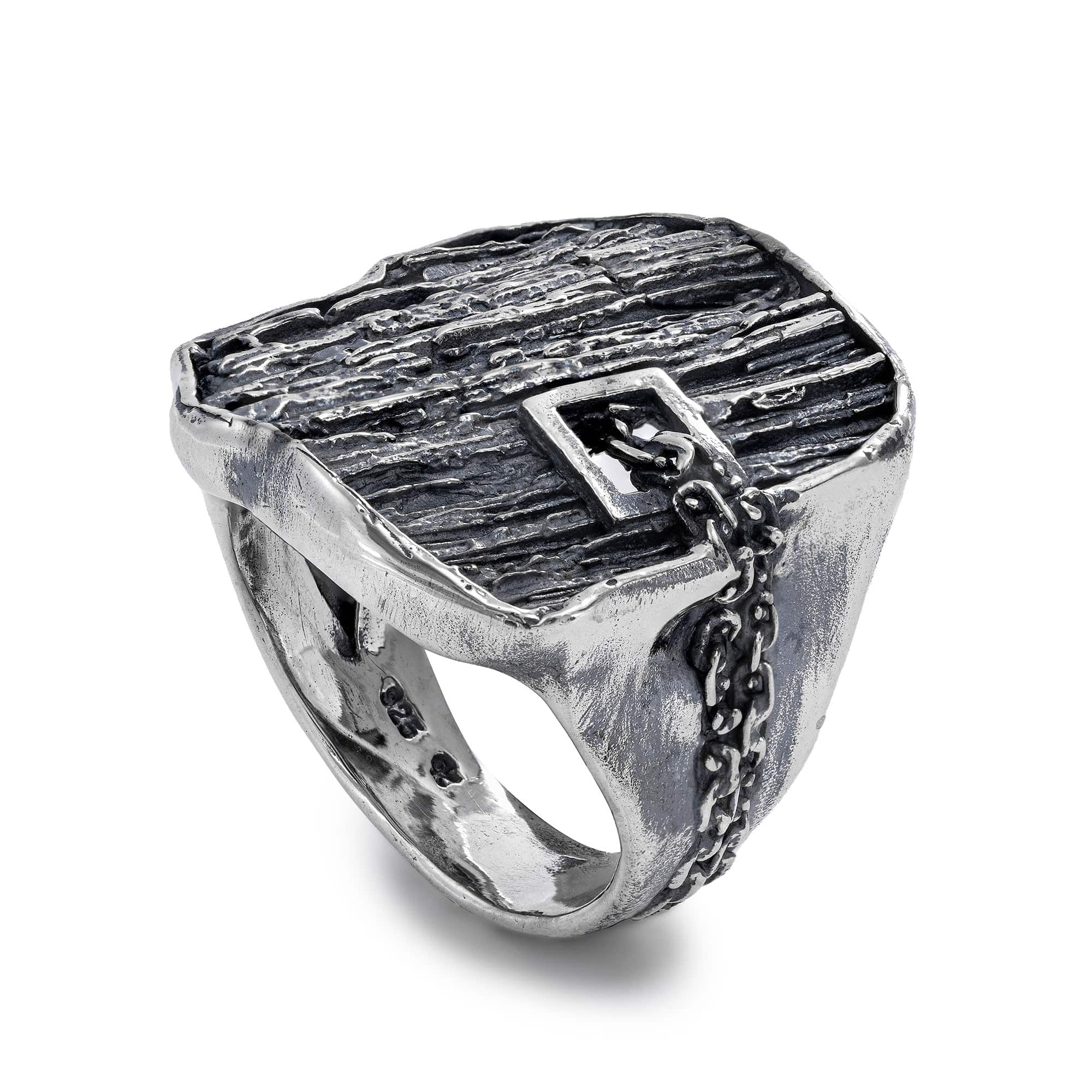 Fracture Oxidized Sterling Silver Ring with Geo Layers