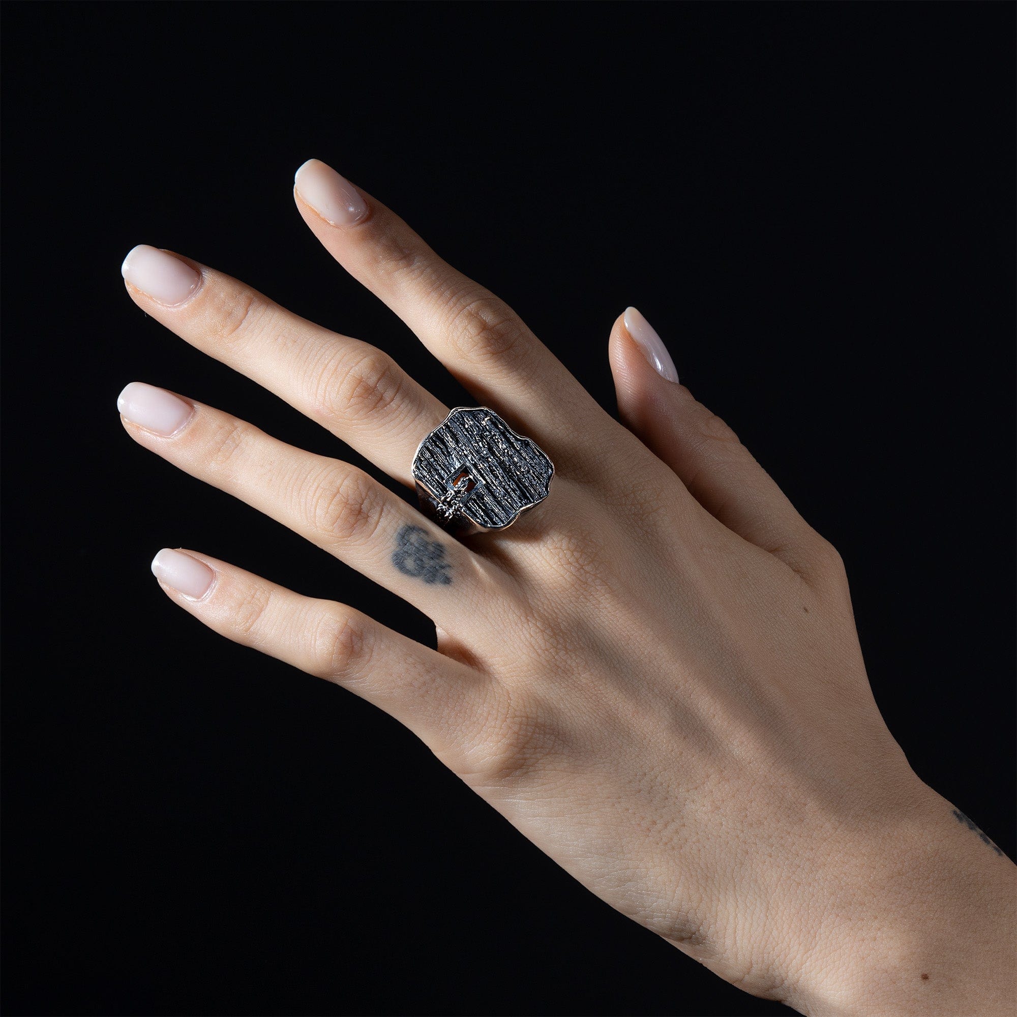 Fracture Oxidized Sterling Silver Ring with Geo Layers