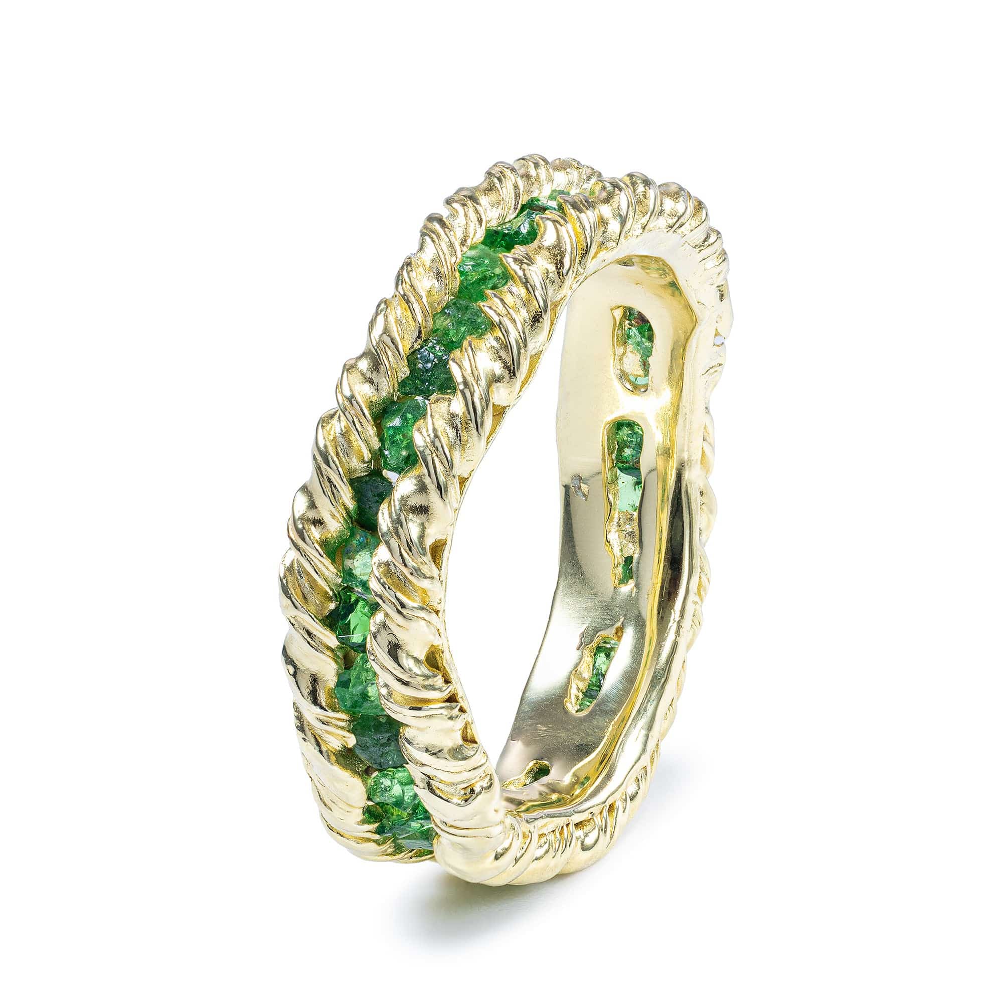 Gaiete Gold Plated Silver Ring with Raw Tsavorite Green Garnet Gemstones