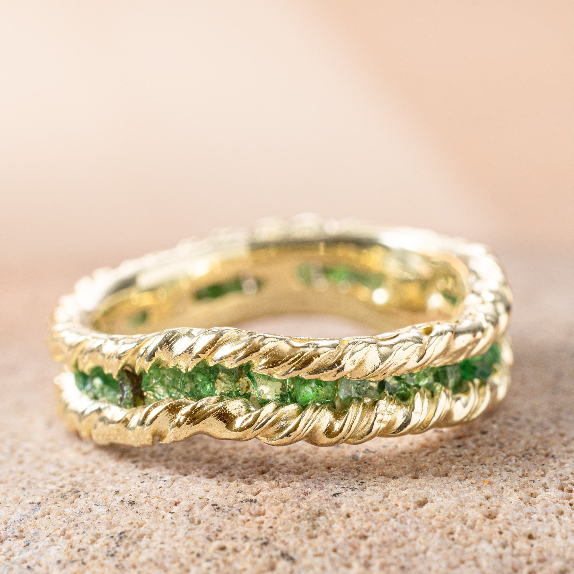 Gaiete Gold Plated Silver Ring with Raw Tsavorite Green Garnet Gemstones