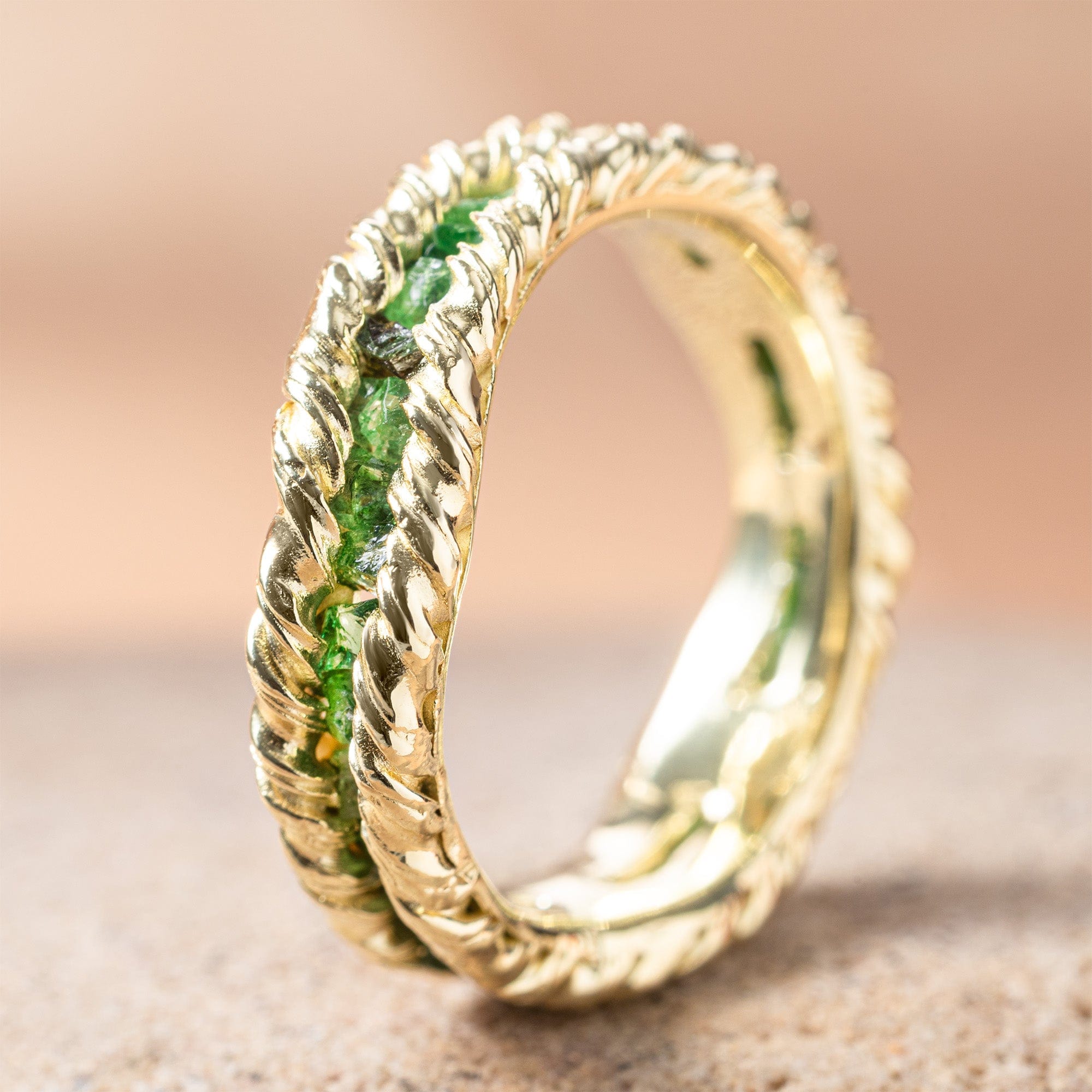 Gaiete Gold Plated Silver Ring with Raw Tsavorite Green Garnet Gemstones