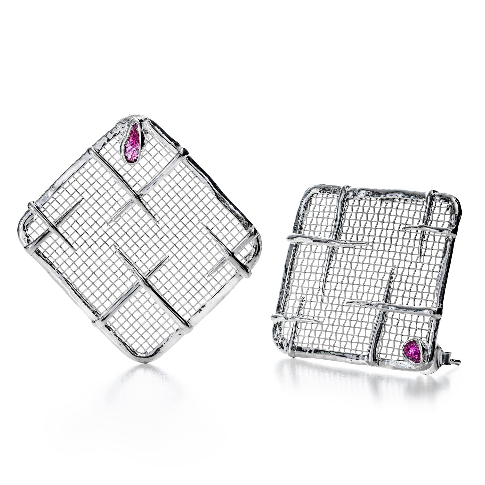 Takhi Lightweight 925 Silver & Titanium Mesh Earrings with Natural Ruby