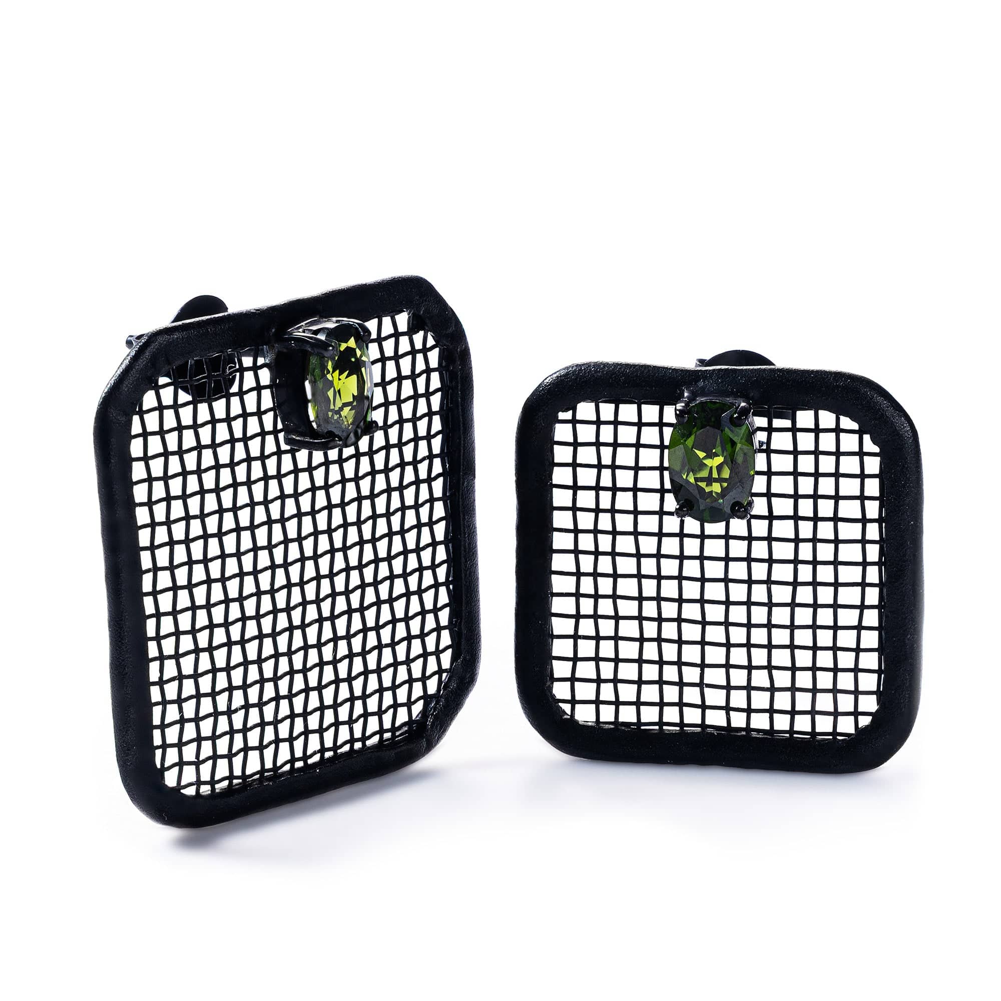 Kyros Asymmetric 925 Silver & Titanium Mesh Earrings with Chrome Diopside