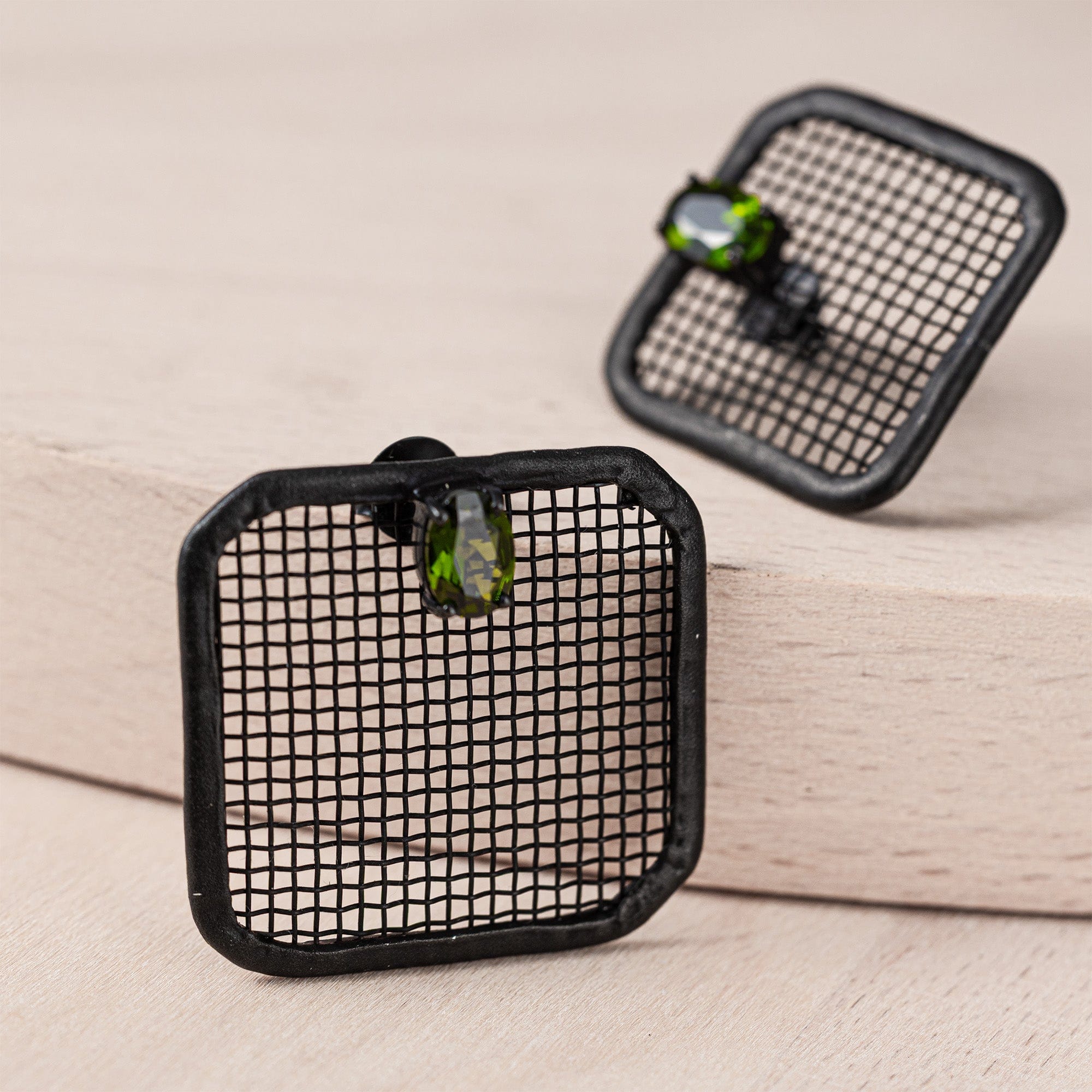 Kyros Asymmetric 925 Silver & Titanium Mesh Earrings with Chrome Diopside