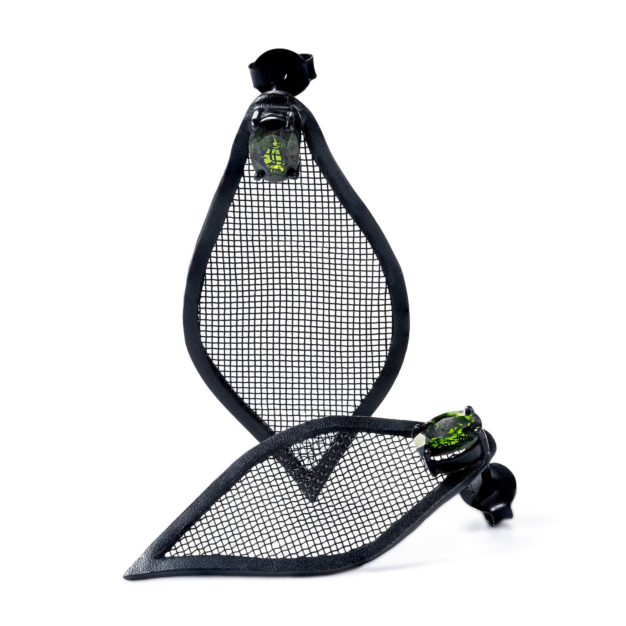 Liora Asymmetric Leaf-Shaped Silver & Titanium Mesh Earrings with Chrome Diopside