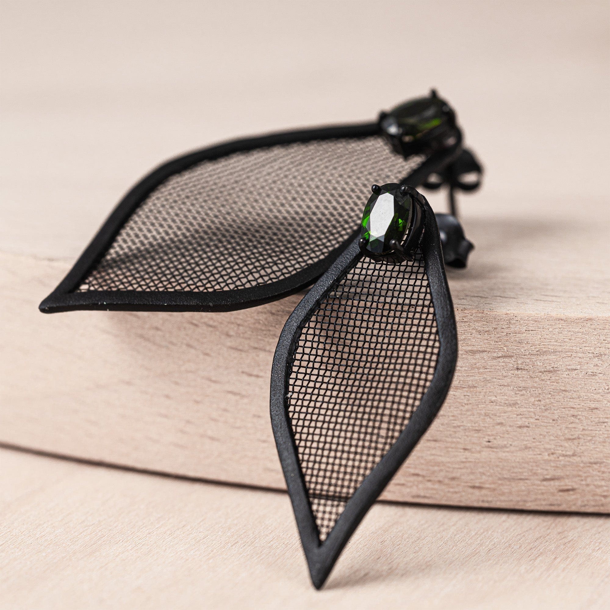 Liora Asymmetric Leaf-Shaped Silver & Titanium Mesh Earrings with Chrome Diopside