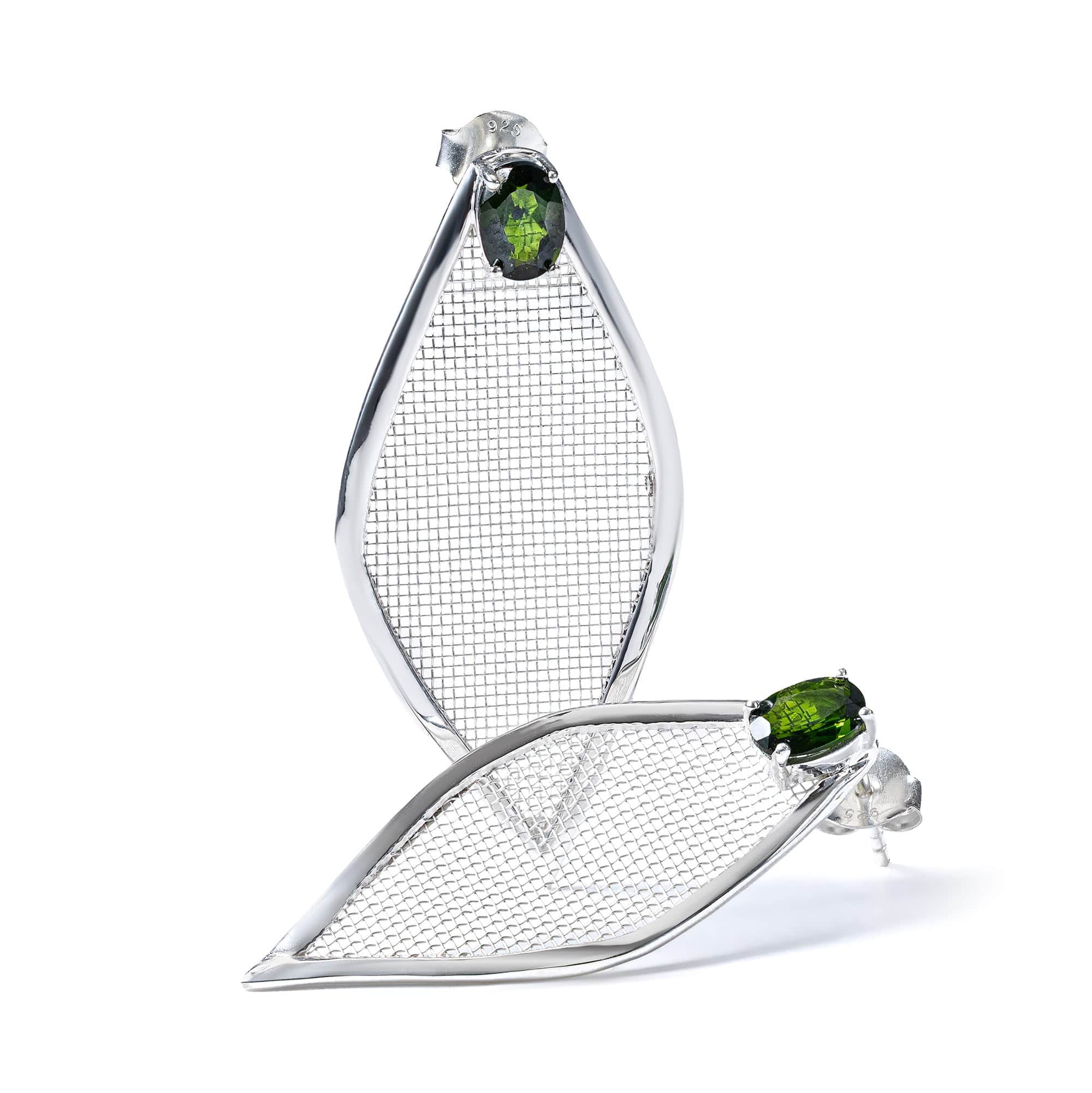 Liora Asymmetric 925 Silver and Titanium Mesh Earrings with Oval Cut Chrome Diopside