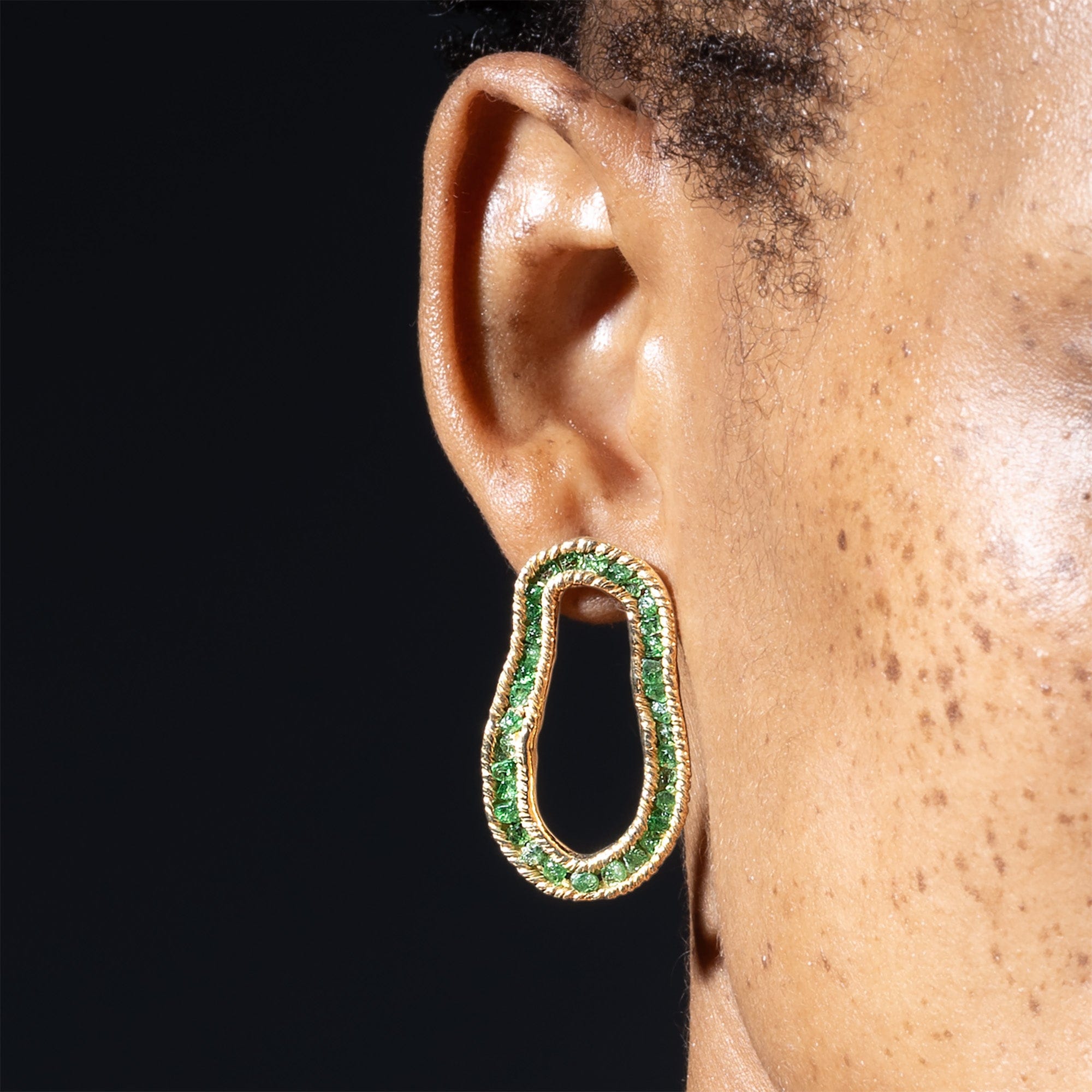 Arven Sculptured Gold Plated Silver Earrings with Raw Tsavorite Garnet