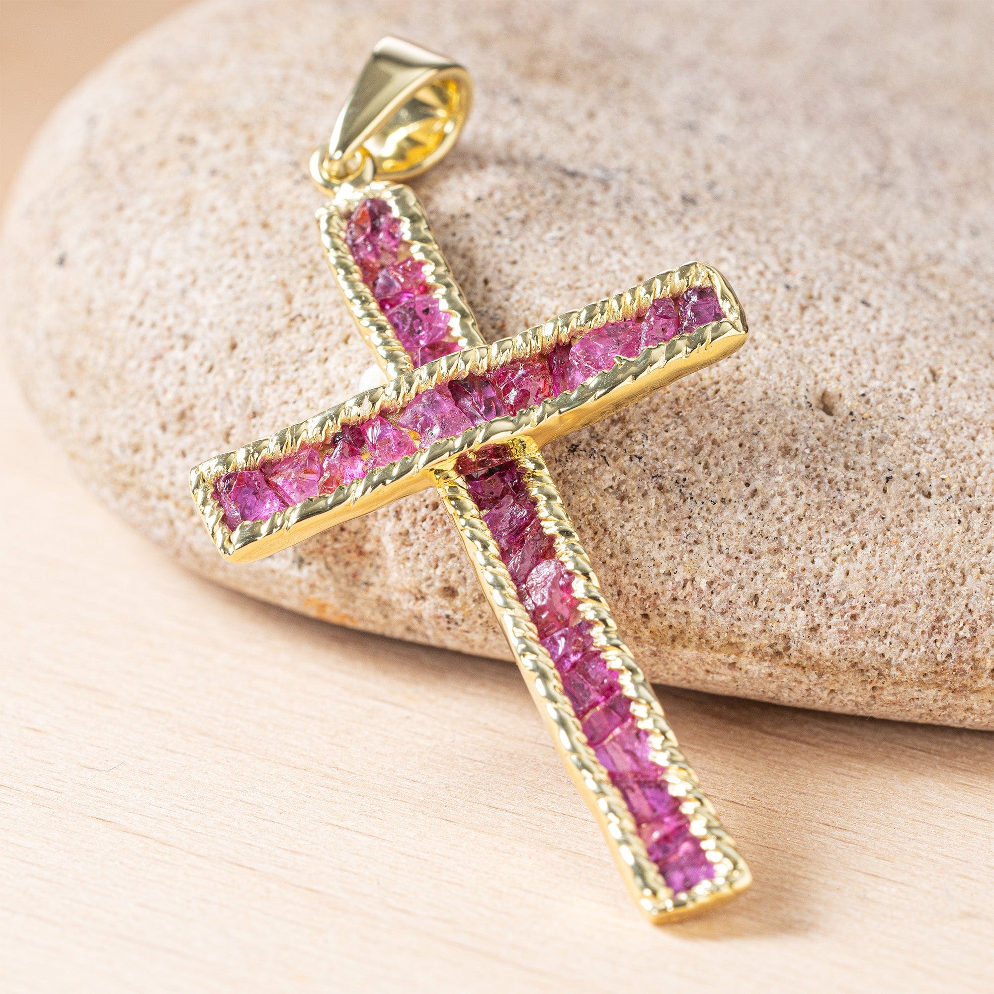 Crux Gold Plated Silver Cross Pendant with Raw Rubies