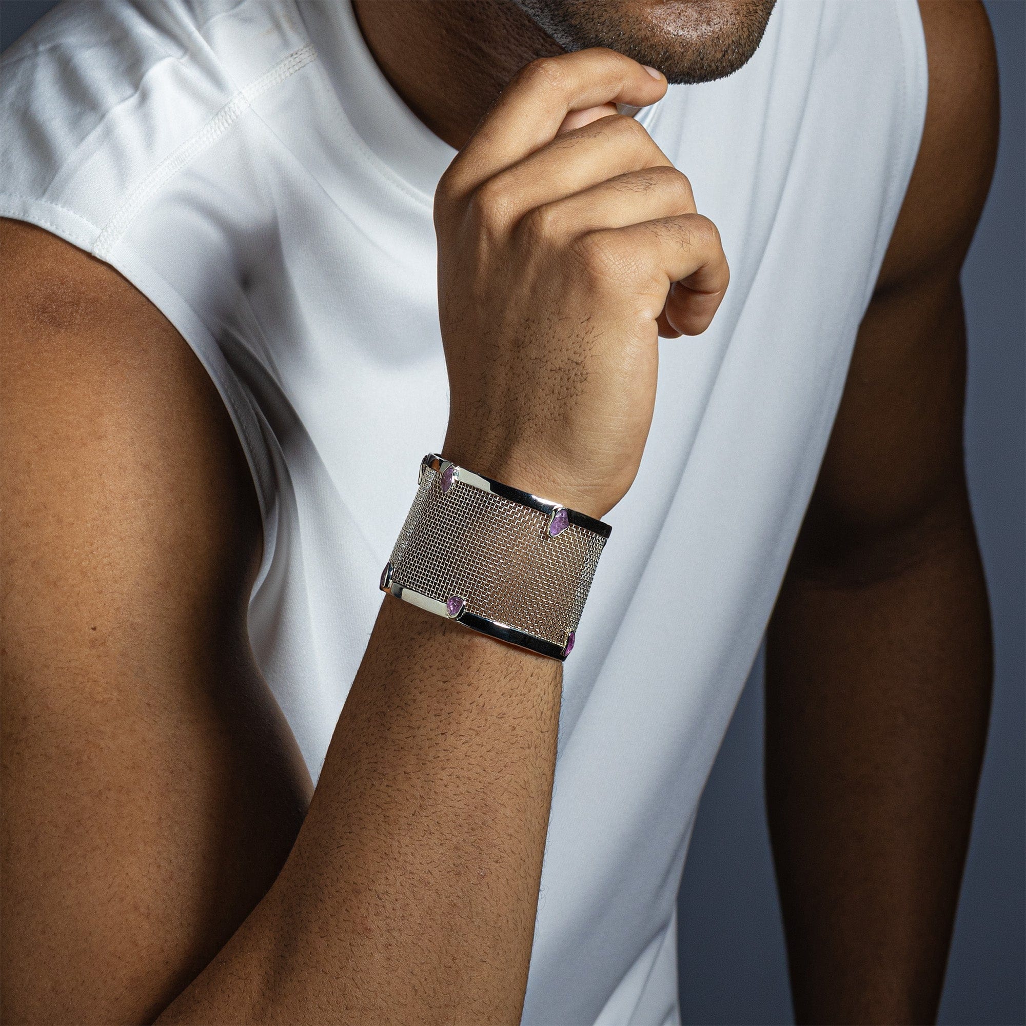 Lumen 925 Silver and Titanium Mesh Bracelet with Raw Pink Sapphires