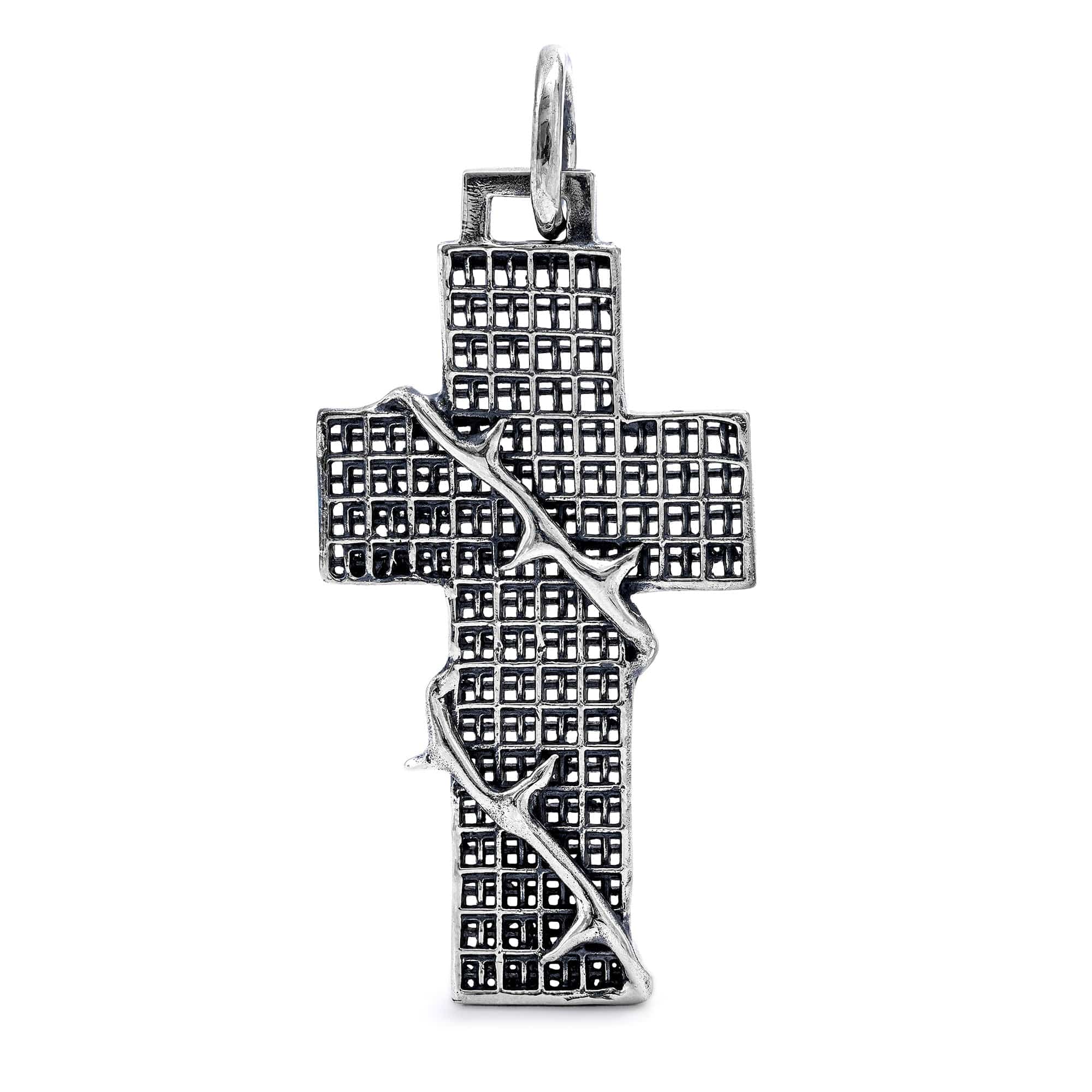 Haven Oxidized Silver Cross Pendant with Thorned Vines & Grid Texture