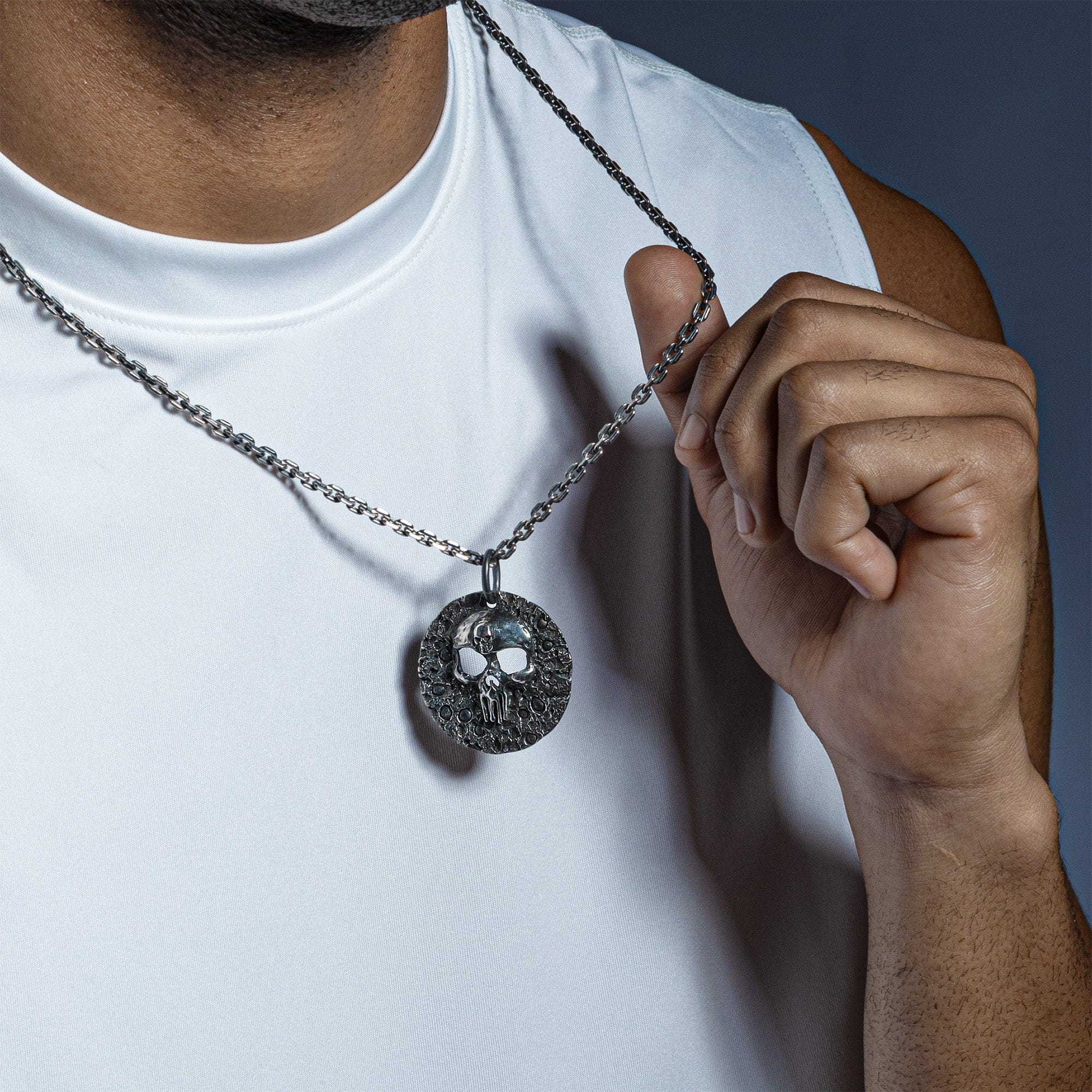 Morbidus Gritty Sterling Silver Round Pendant with Skull Emblem