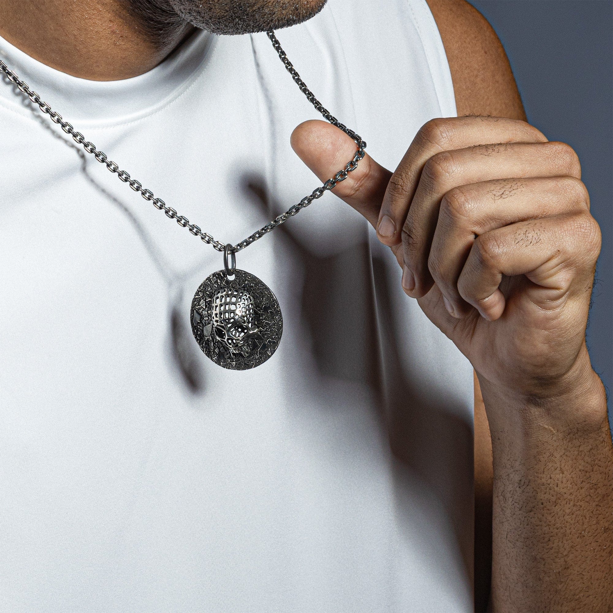 Necrosis Gothic Silver Skull Amulet with Rough, Weathered Detail