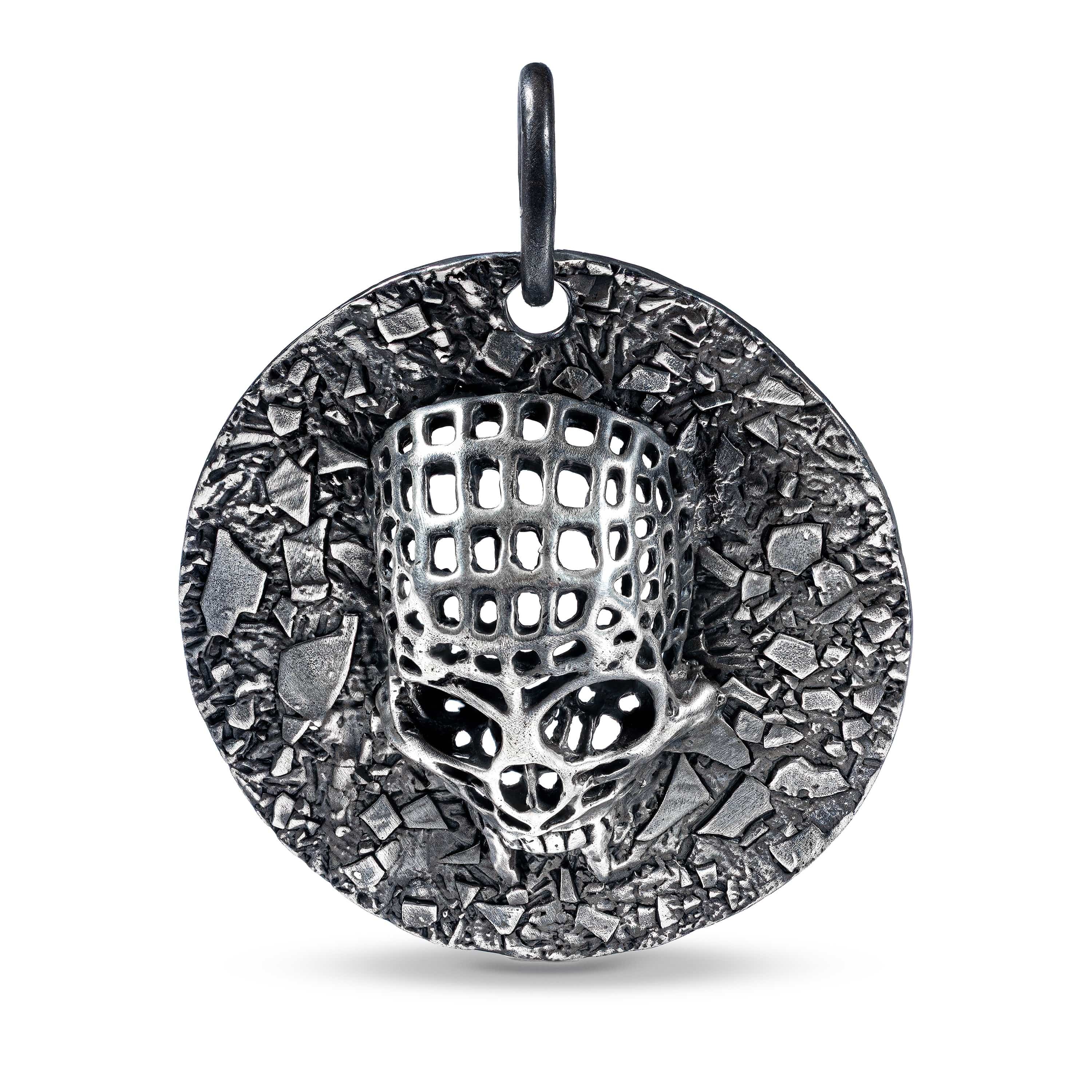 Necrosis Gothic Silver Skull Amulet with Rough, Weathered Detail