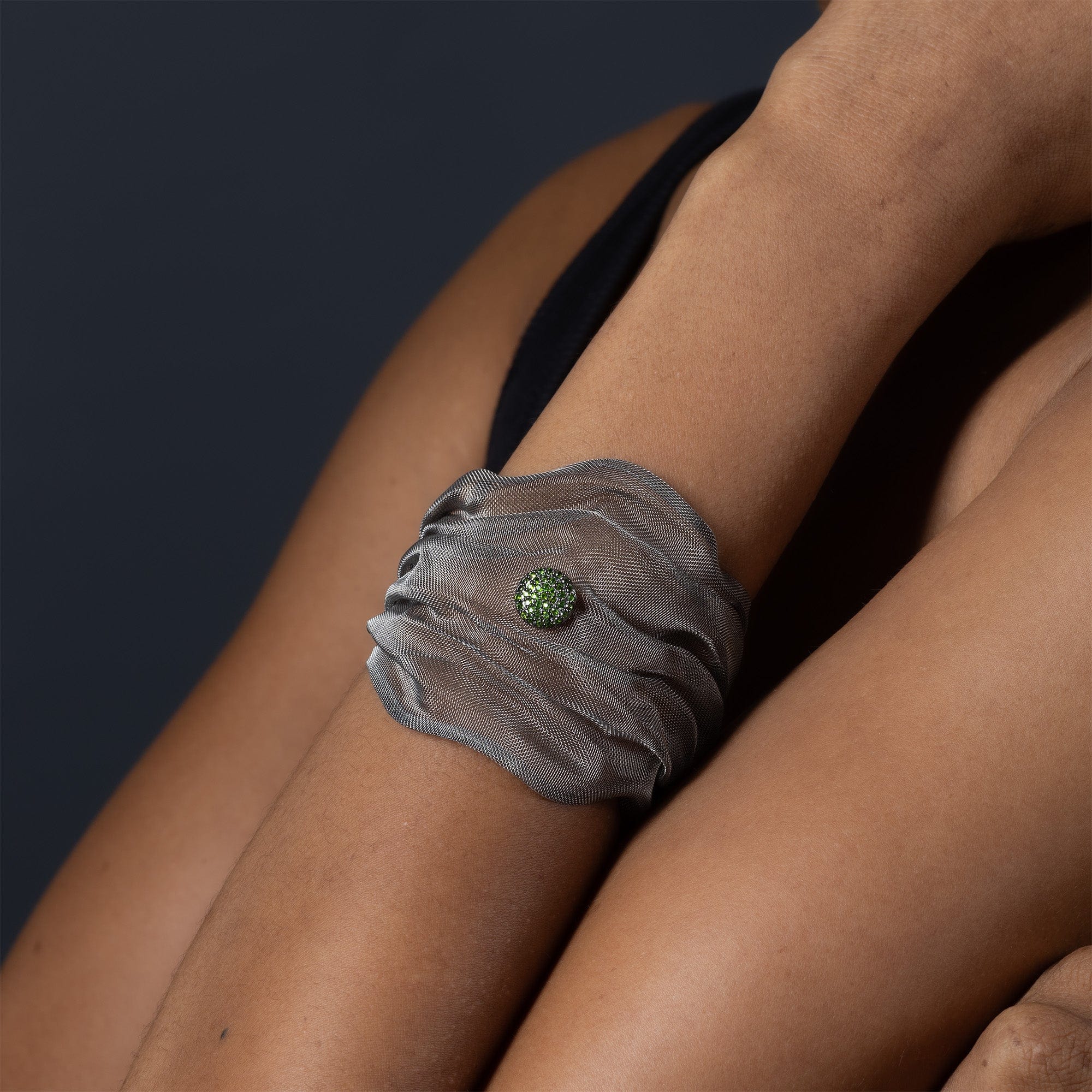 Meshura Titanium Mesh and 925 Silver Soft Bracelet with Green Tsavorite