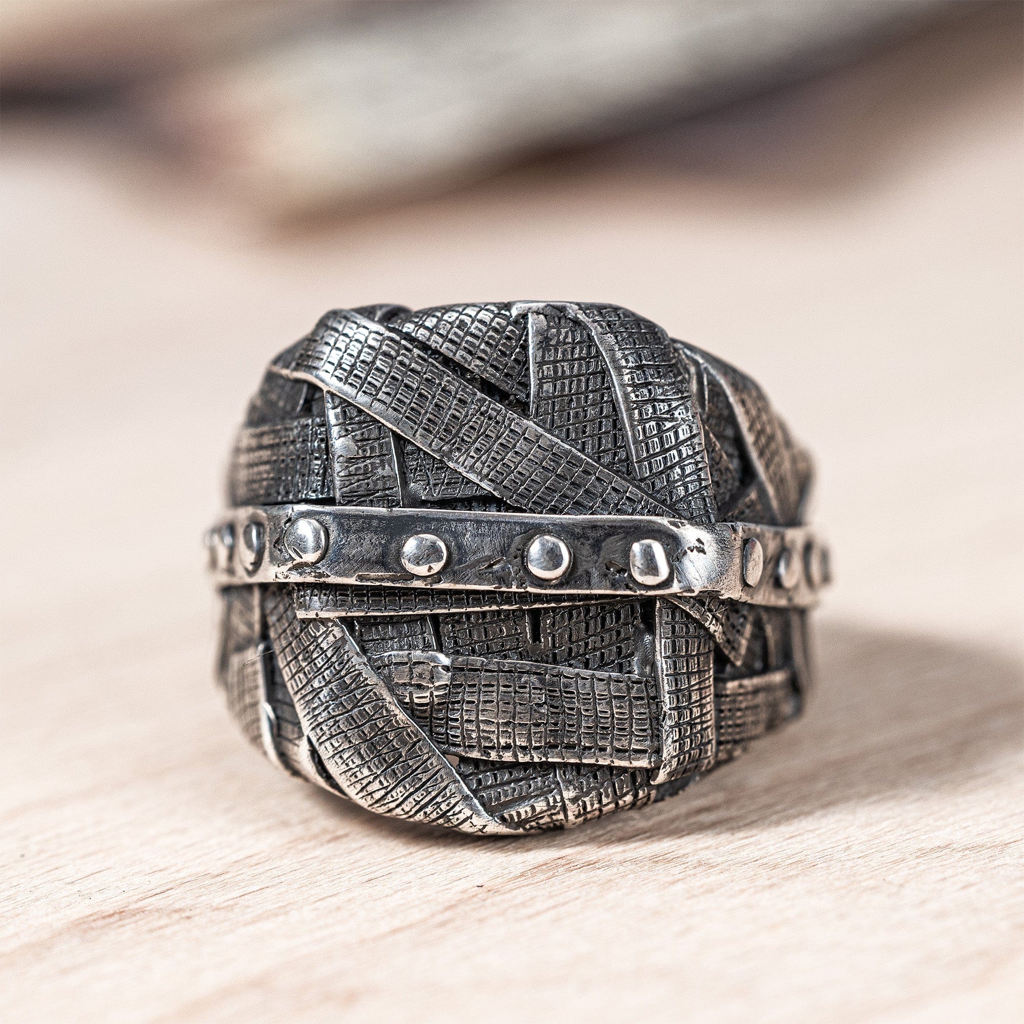 Gridlock Oxidized Silver Ring with Layered Wrapped Metal Look
